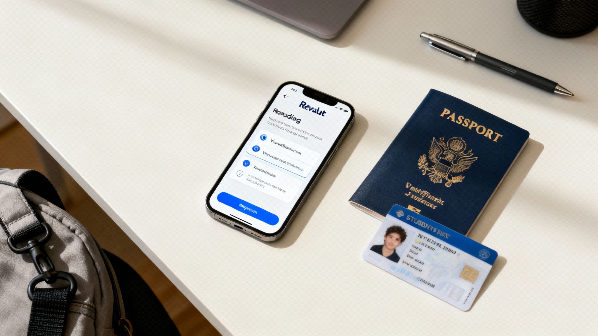 A close-up shot of a person's hands holding a Revolut card and a smartphone, ready to make a payment.