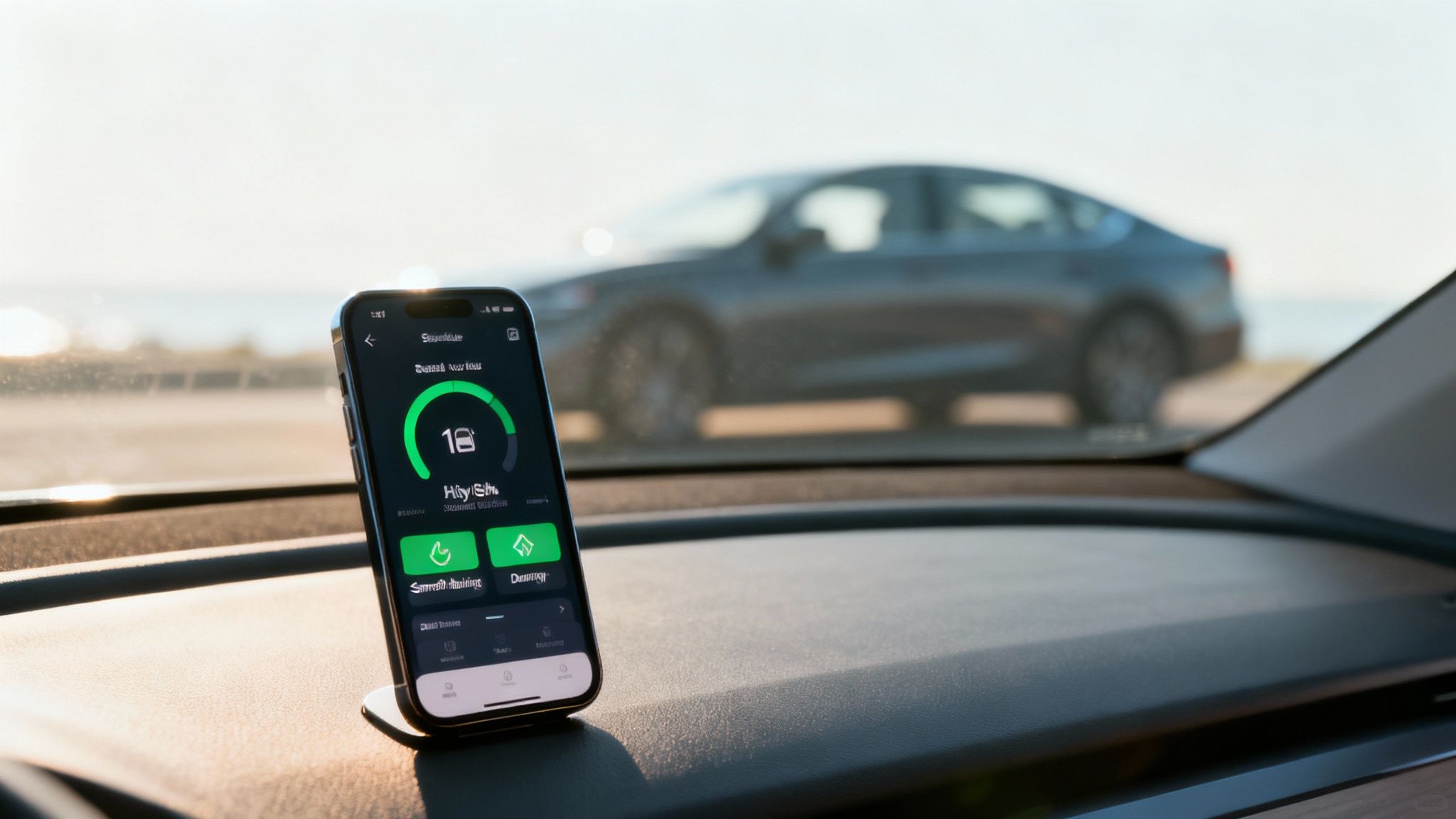 Cheap Car Insurance for College Students Guide 3 A woman looking at her smartphone while leaning against her car.