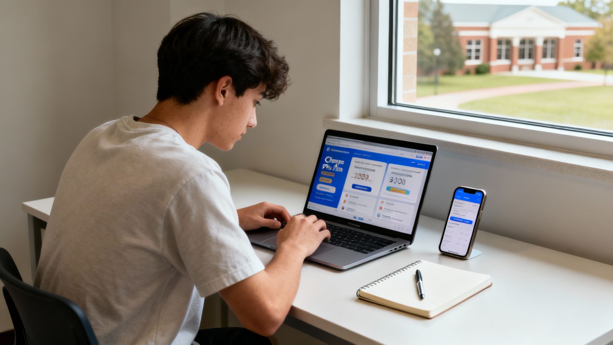Finding the Best Cheap Phone Plans for Students 1 A young man sits at a desk, comparing phone plans on a laptop and smartphone.