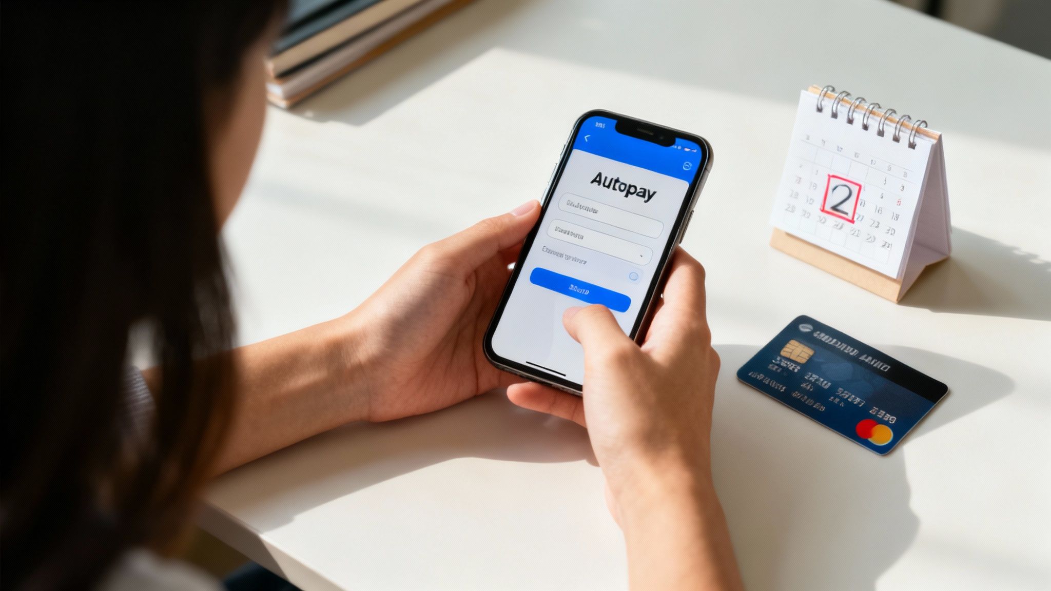 how to build credit as a student: quick, essential tips 2 Student setting up automatic payment on smartphone with credit card and calendar on desk
