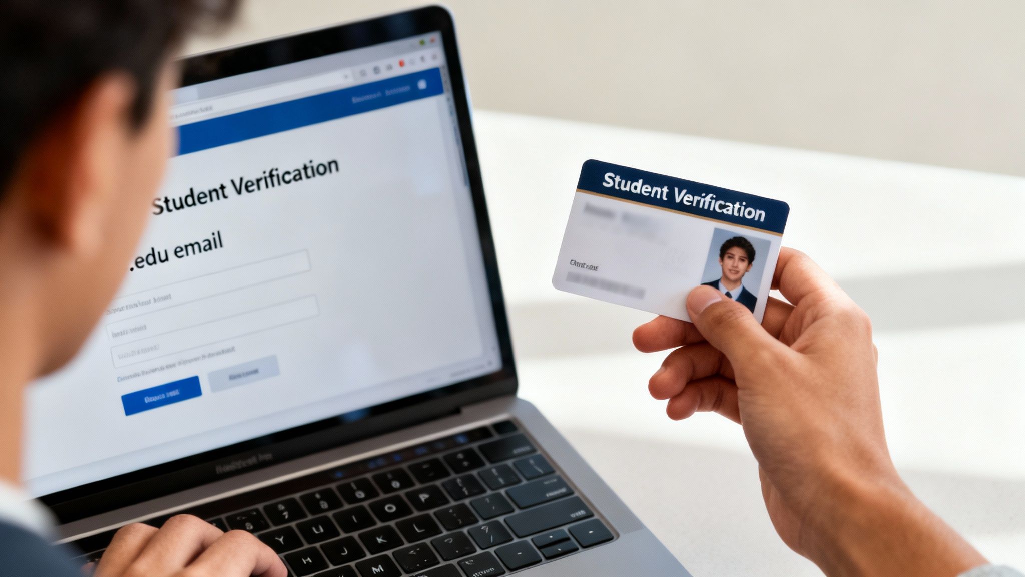 A student verifies their identity online using a laptop and a student ID card, filling out a verification form.
