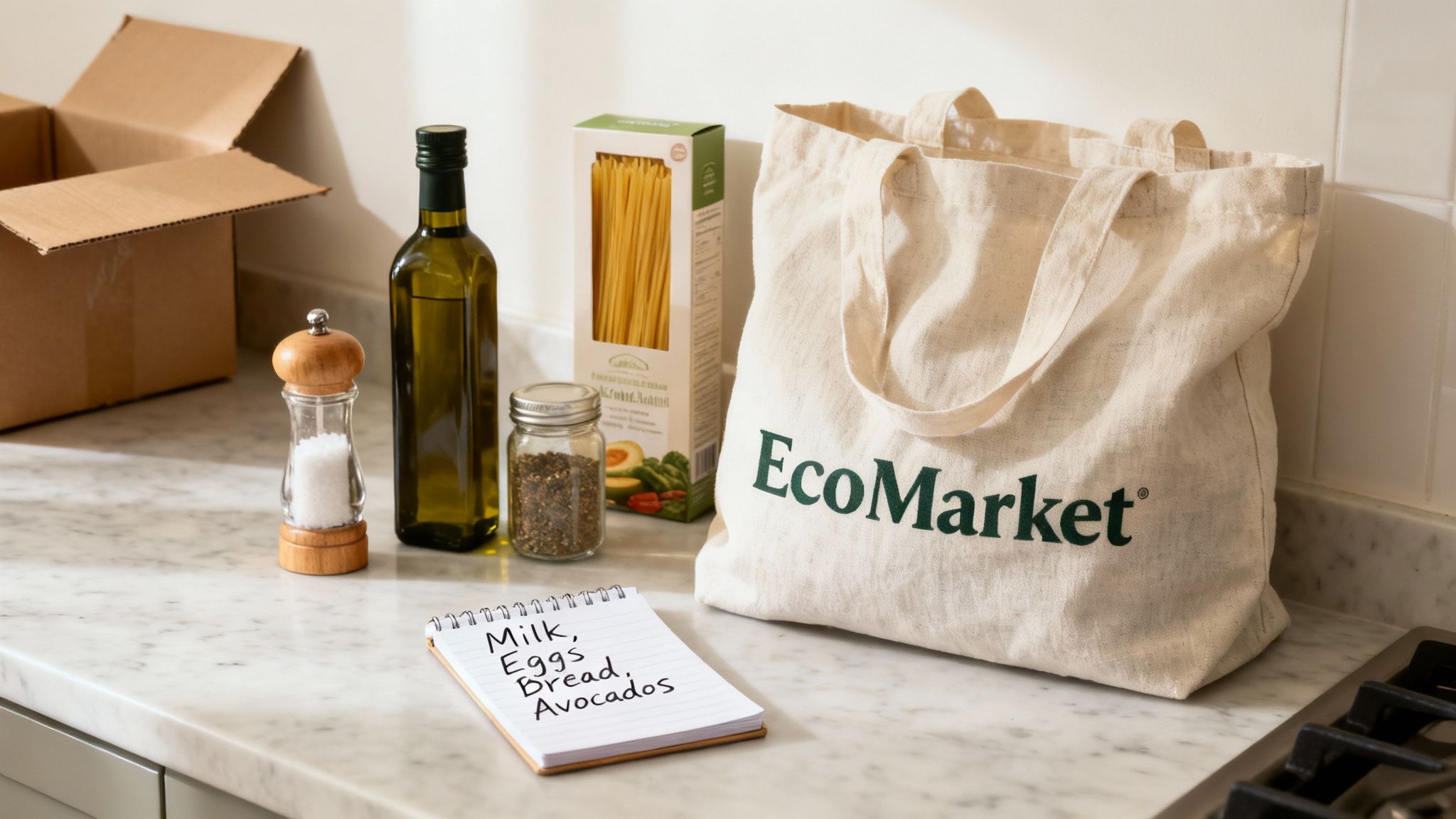 new apartment grocery list: Your First Shopping Guide 1 Kitchen counter with an EcoMarket reusable bag, olive oil, pasta, spices, and a grocery list.