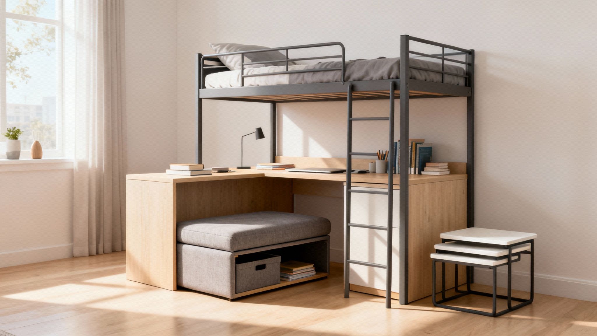 A modern student's room featuring a grey metal loft bed, a corner desk, and storage.