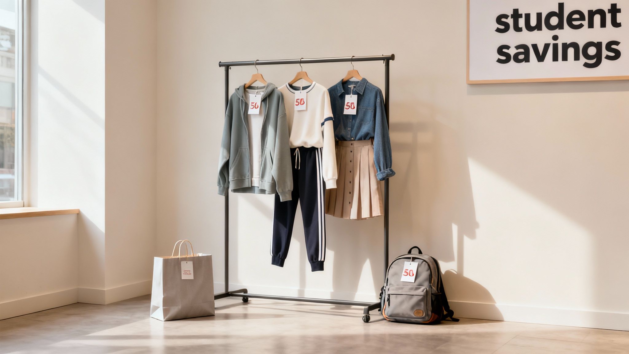A student smiles while shopping for clothes.
