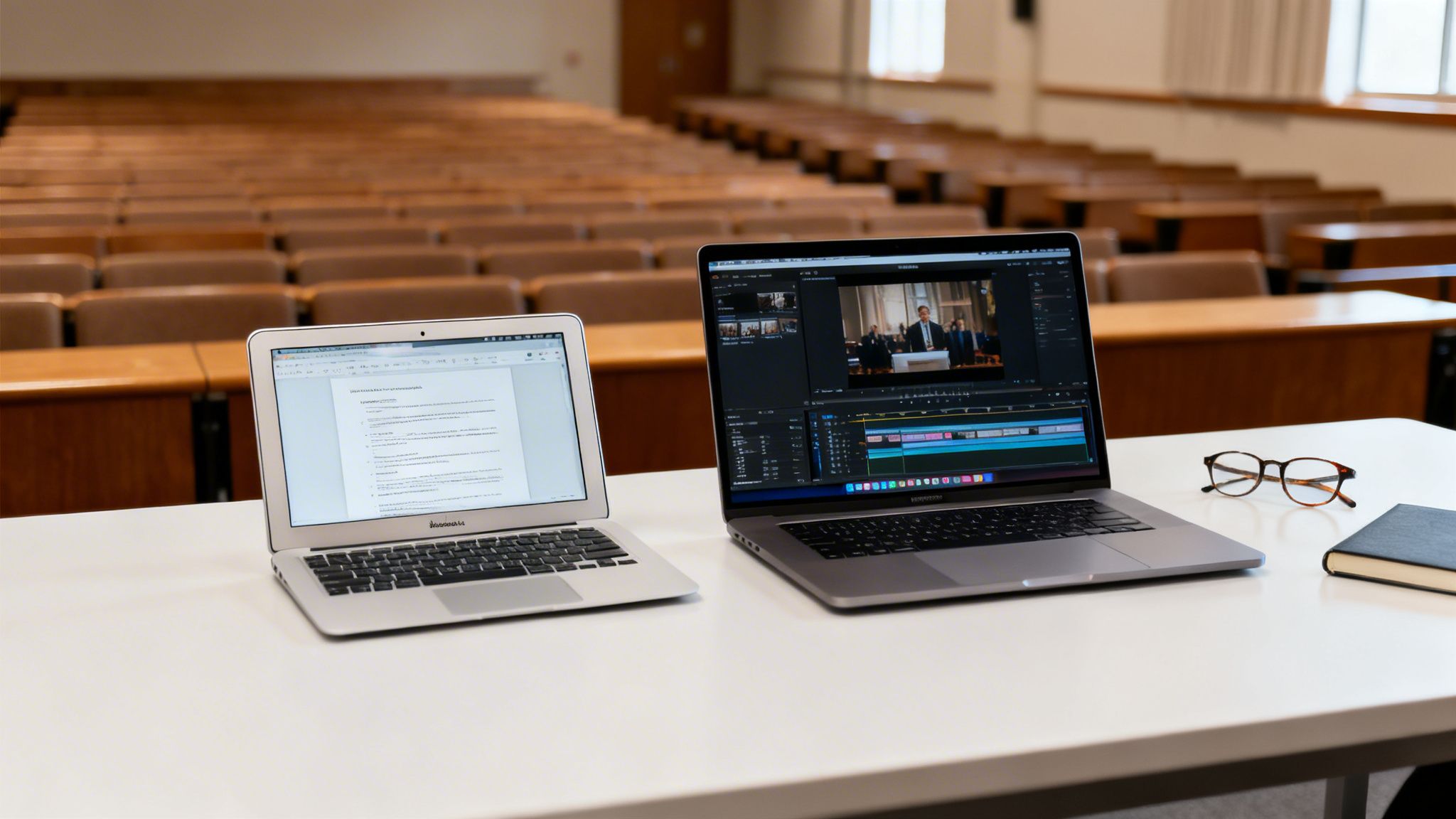 The Best MacBook for Students A Complete Comparison Guide 2 Two MacBooks on a desk in an empty lecture hall, one showing a document, the other video editing.