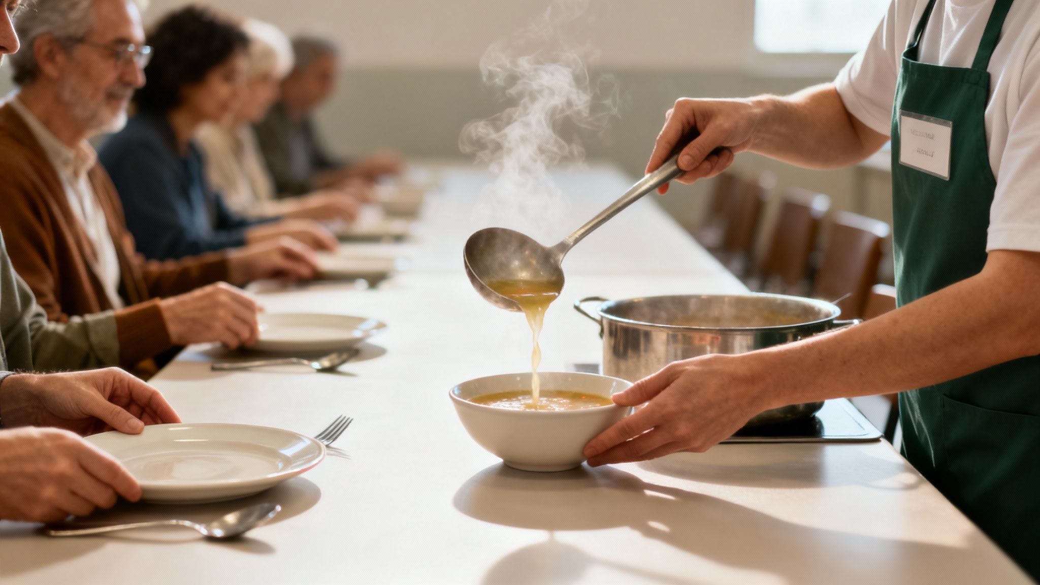 A volunteer serves steaming hot soup to a line of people at a community meal.