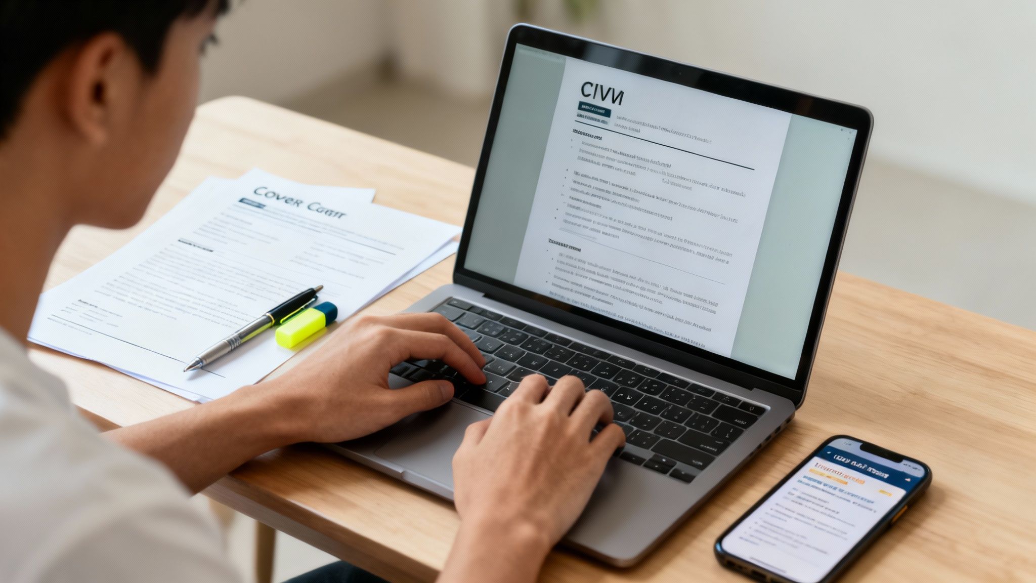 A student sits at a desk, carefully editing their CV on a laptop with a focused expression.