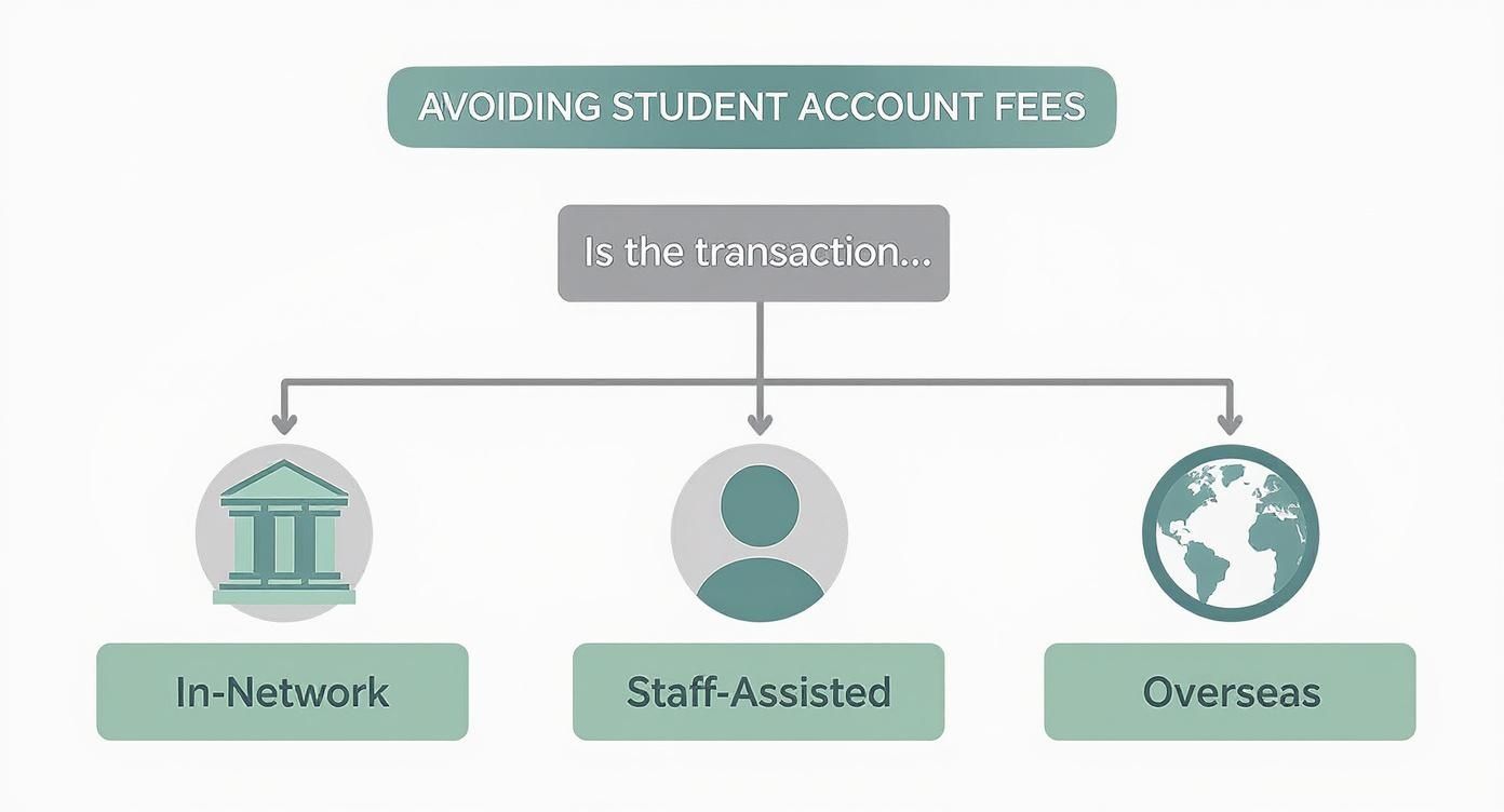 Infographic decision tree about avoiding student account fees.