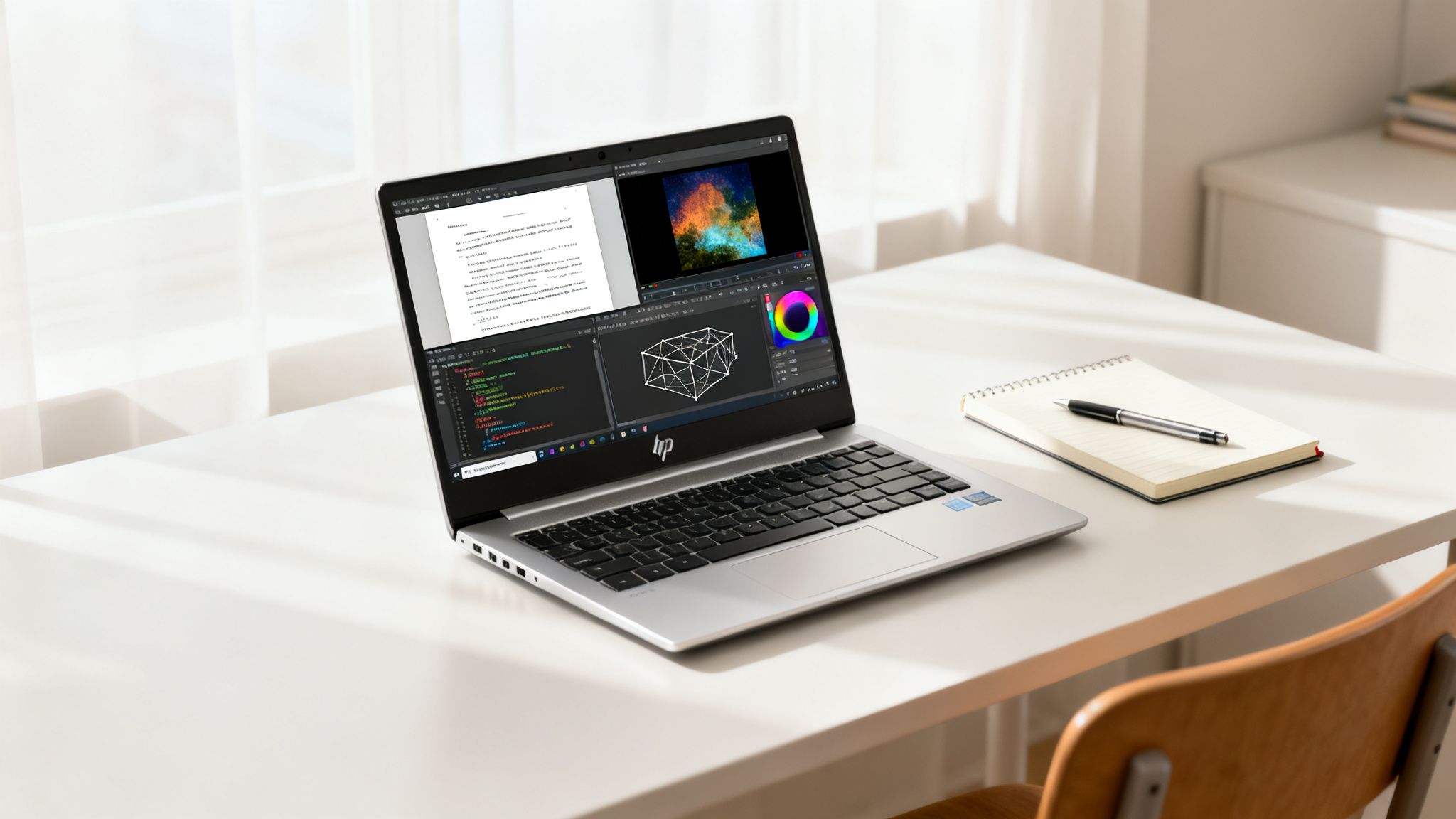 HP laptop on a white desk displaying creative software, alongside a notebook and pen.