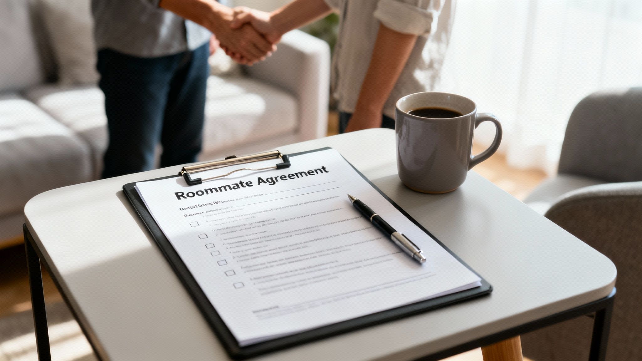 How to Split Rent with Roommates: Fair, Simple Ways to Share Costs 2 Two people shake hands with a 'Roommate Agreement' document, pen, and coffee mug on a table, symbolizing a new living arrangement.