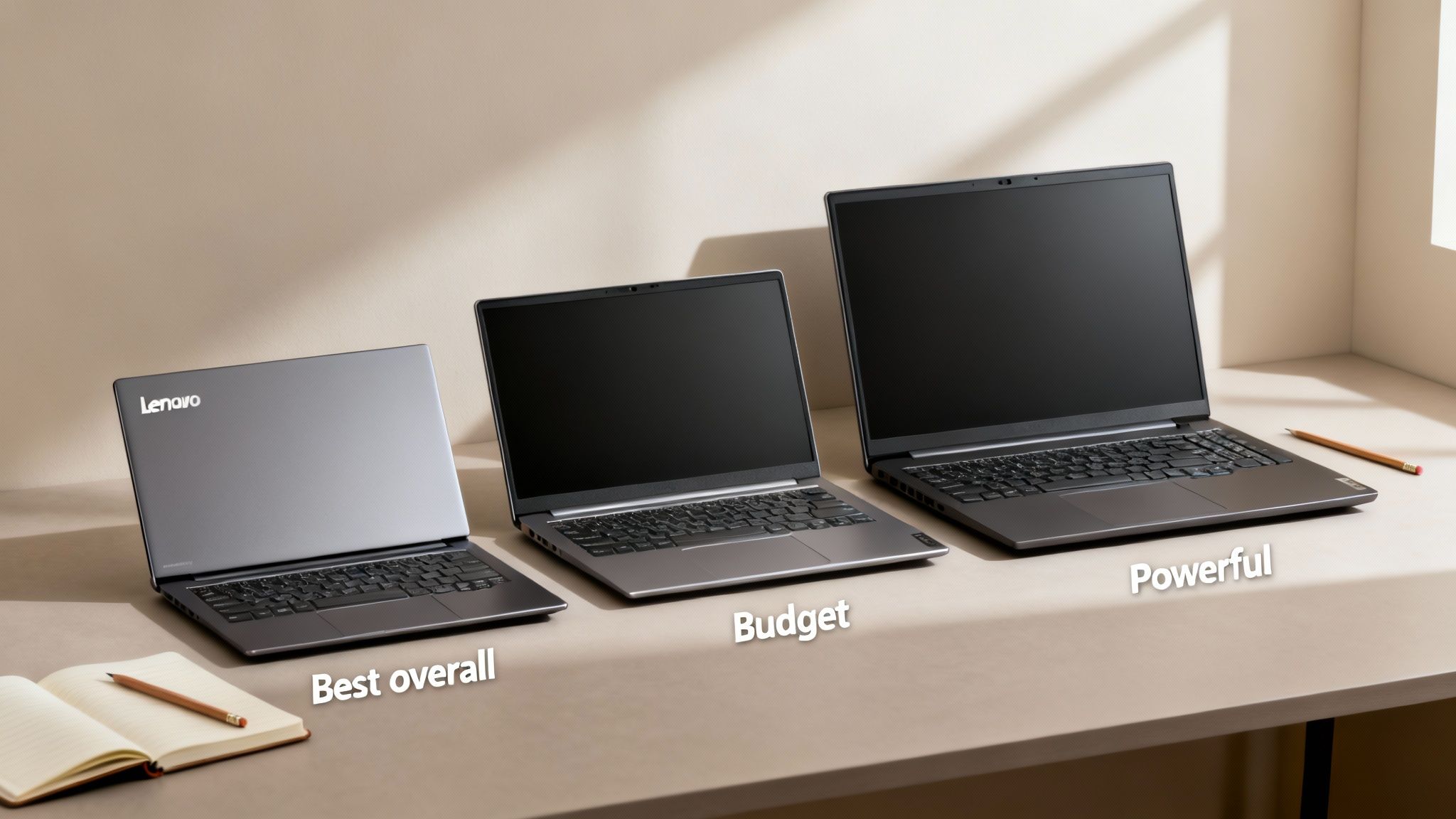 Three Lenovo laptops of different sizes, labeled 'Best overall,' 'Budget,' and 'Powerful,' on a desk.