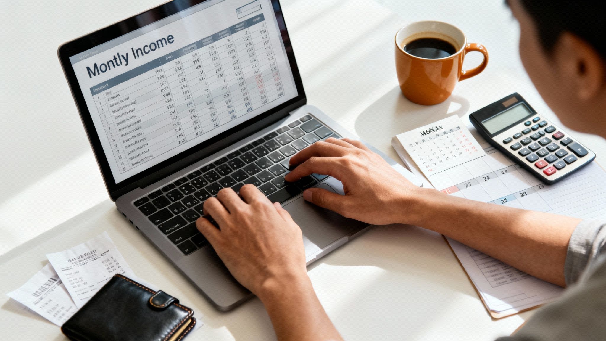 Person tracking monthly income on a laptop with a calculator, coffee, and receipts on the desk.