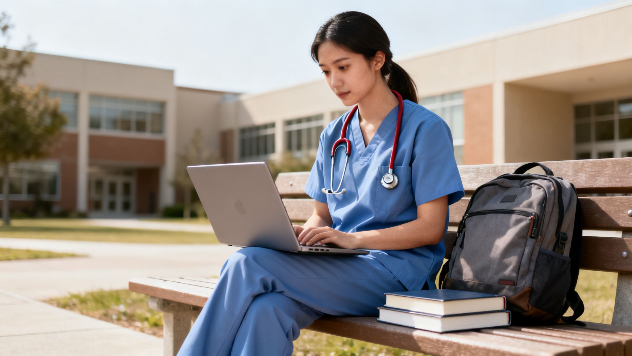 A female nursing student in blue scrubs sits on a bench, studying on her laptop with a red stethoscope, books, and a backpack.