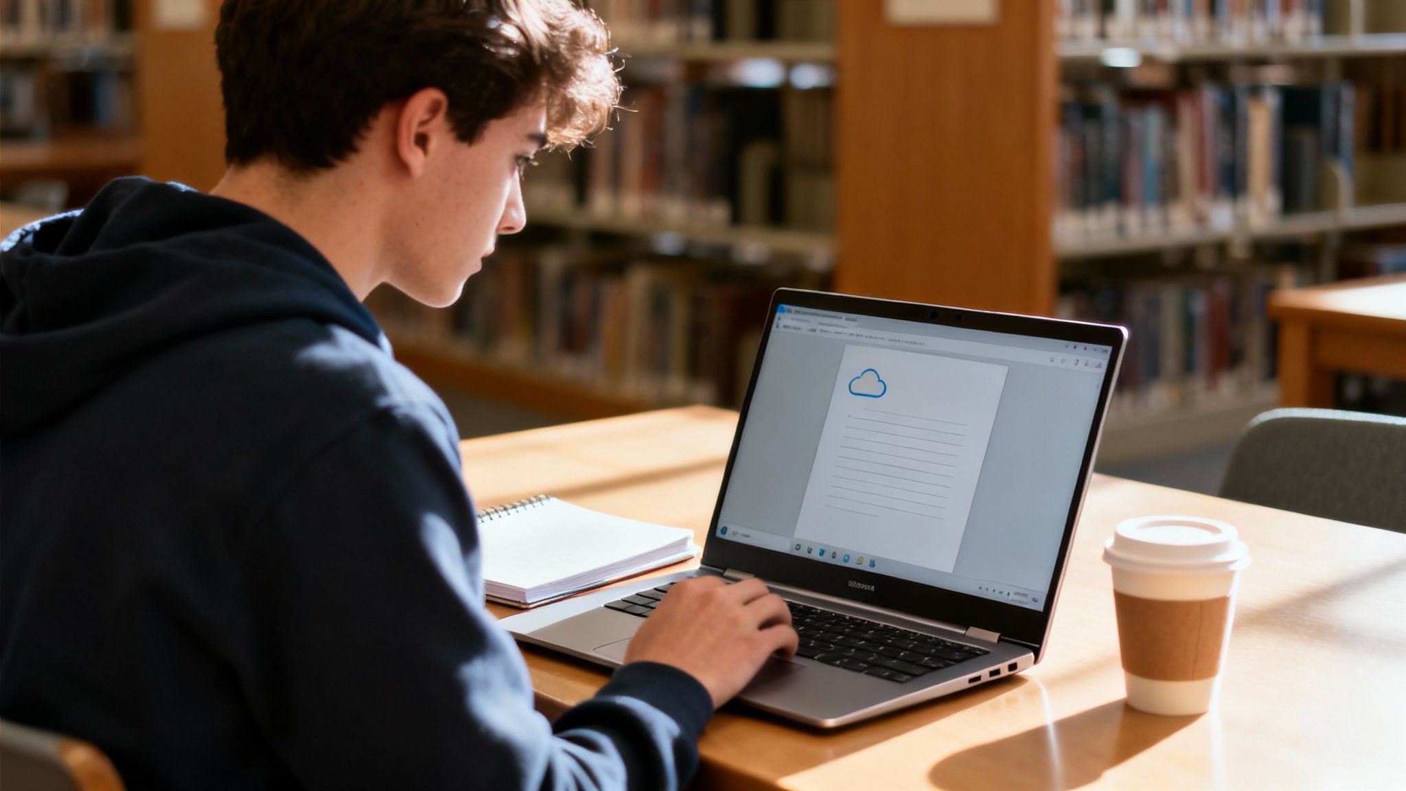 A male student in a dark hoodie is intently using a laptop in a library setting.