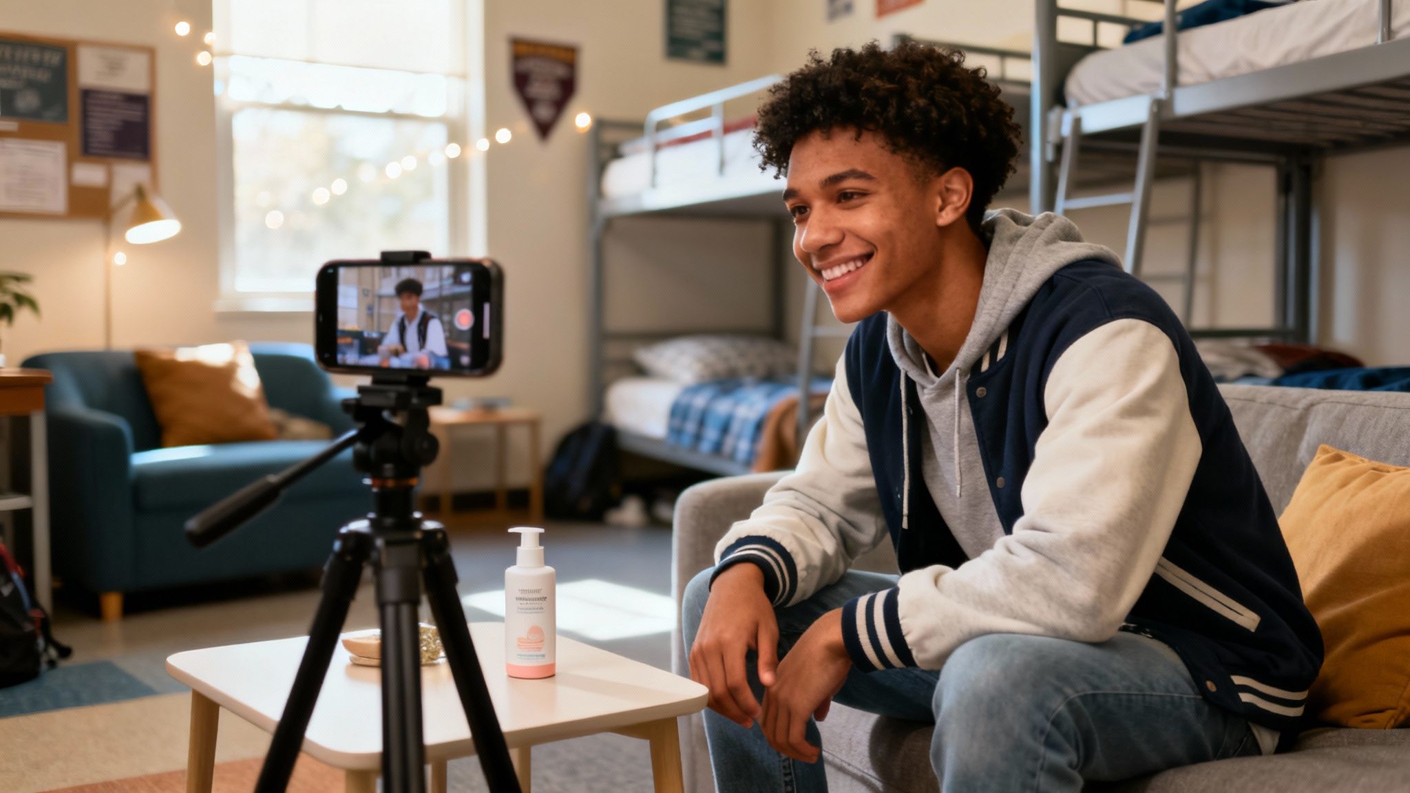 A smiling young man in a dorm room recording content with a phone on a tripod.