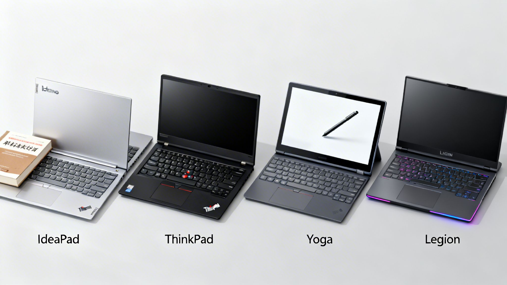 Four distinct Lenovo laptops: IdeaPad, ThinkPad, Yoga, and Legion, displayed side-by-side.