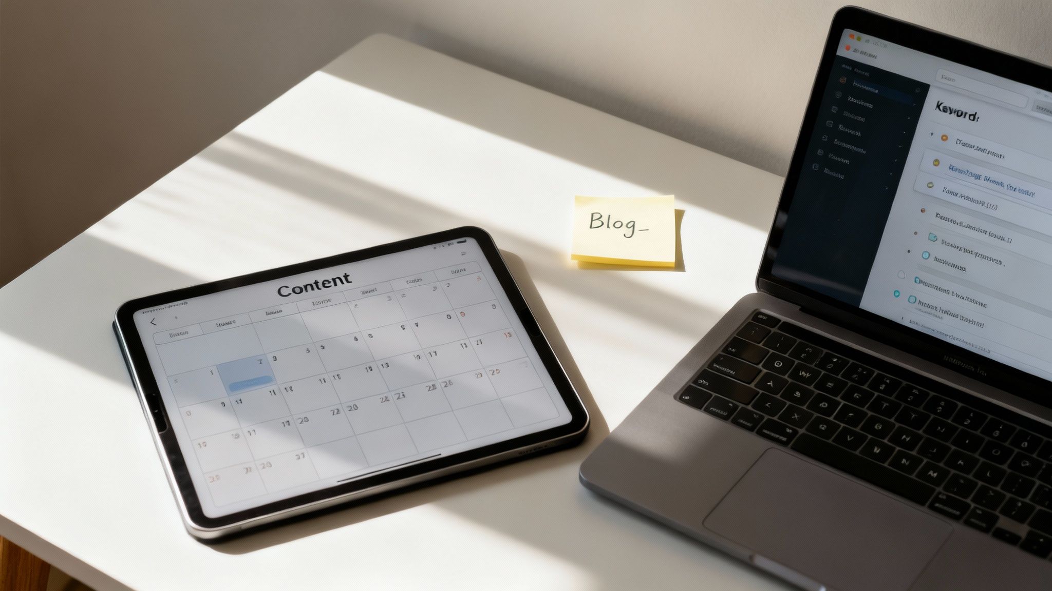 A white desk with a tablet showing a content calendar, a laptop, and a 'Blog-' sticky note in sunlight.