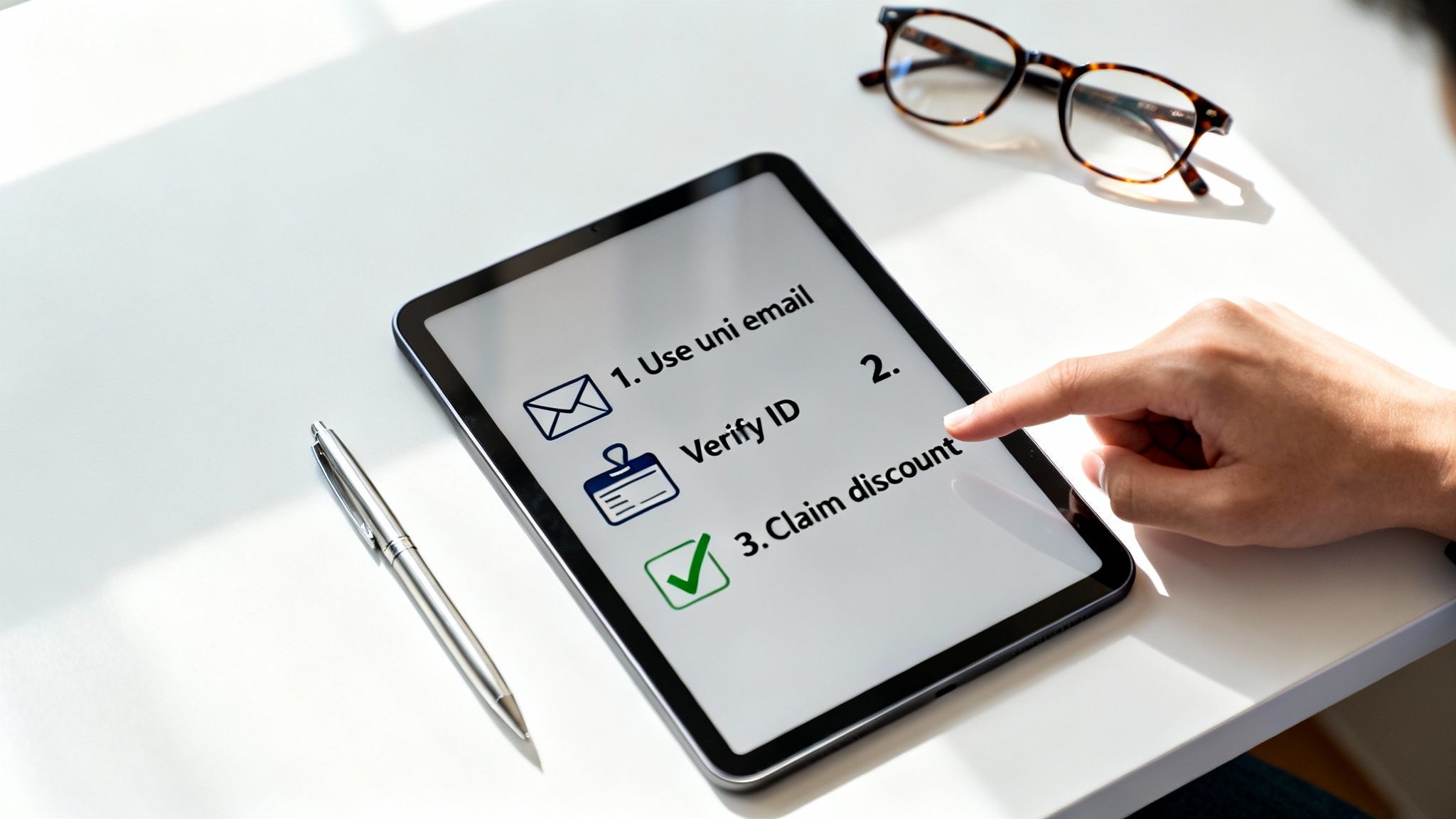 Hand tapping a tablet screen showing a three-step checklist to claim a student discount.