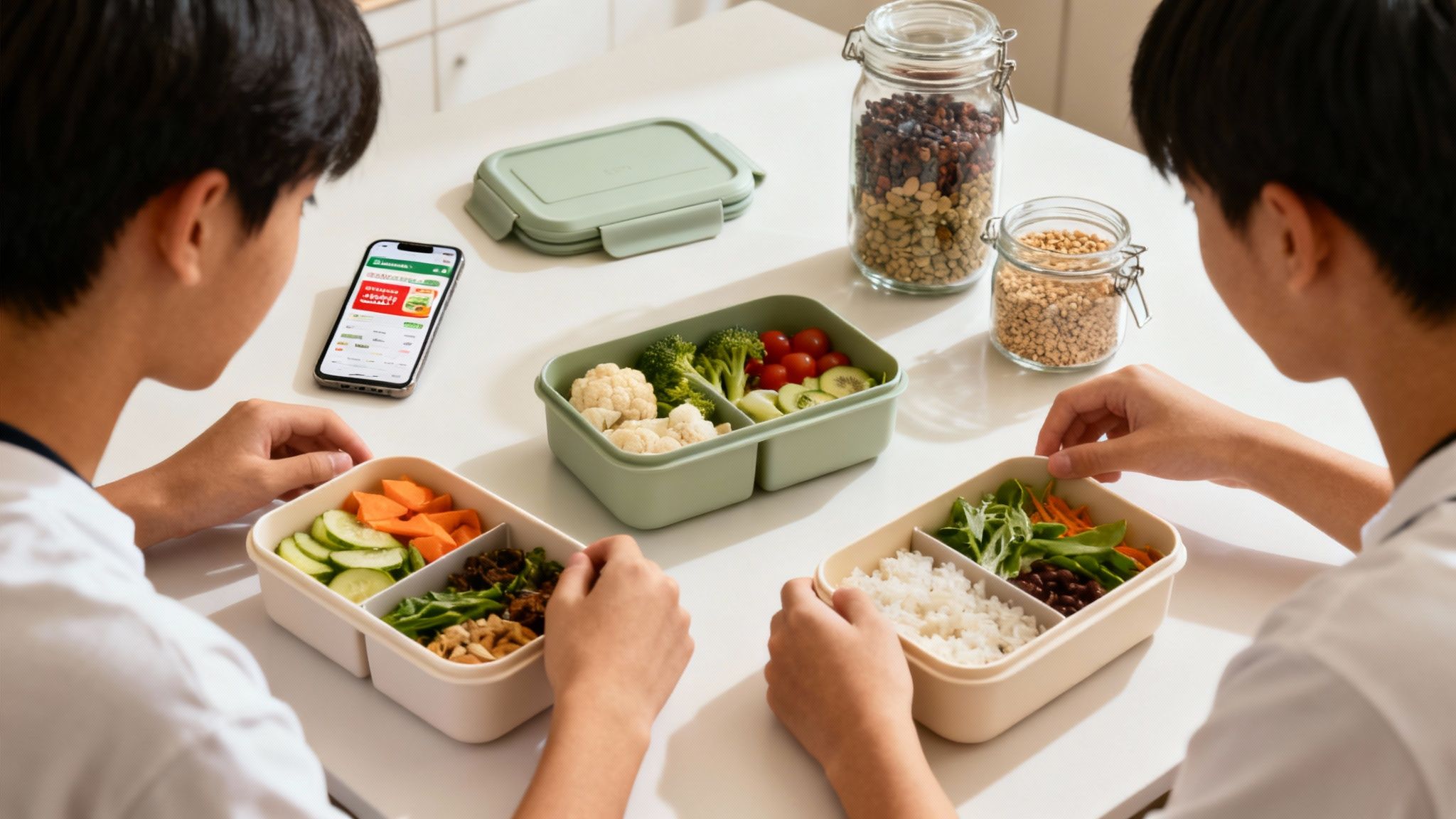 How to Save Money Student A Practical Guide to College Budgeting 2 Two students preparing healthy lunchboxes with fresh vegetables, rice, and beans, using a smartphone app.