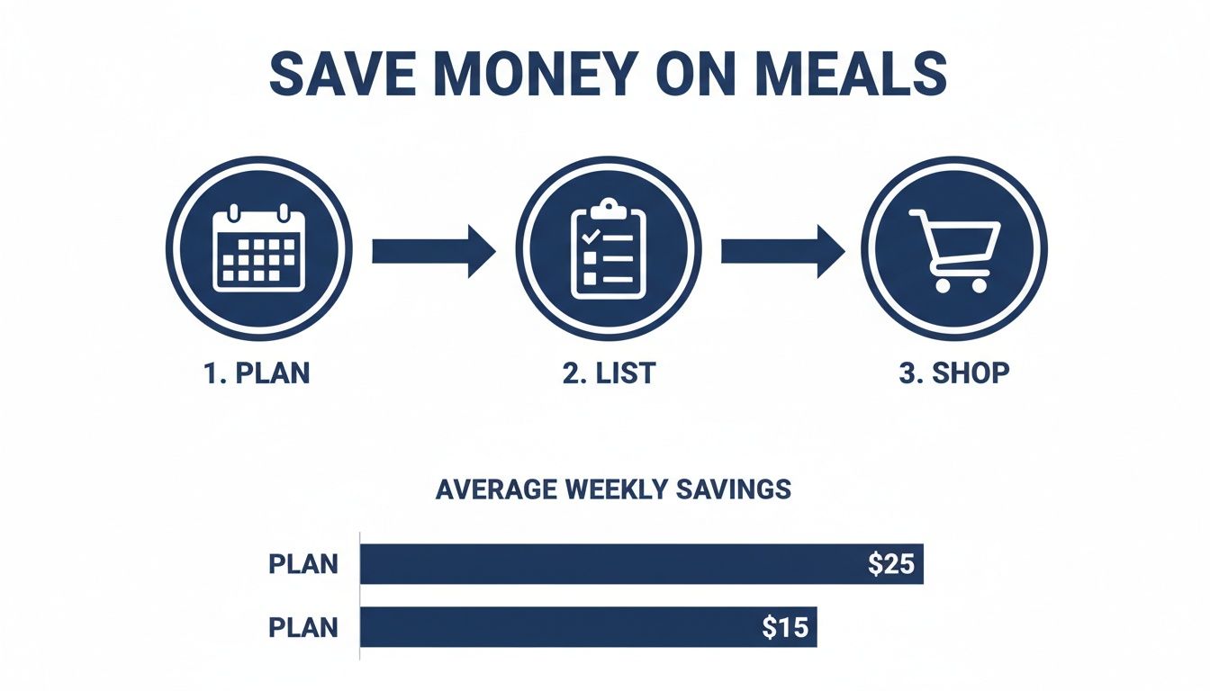Infographic demonstrating a three-step process: Plan, List, Shop, to save money on meals, showing average weekly savings of $25 and $15.