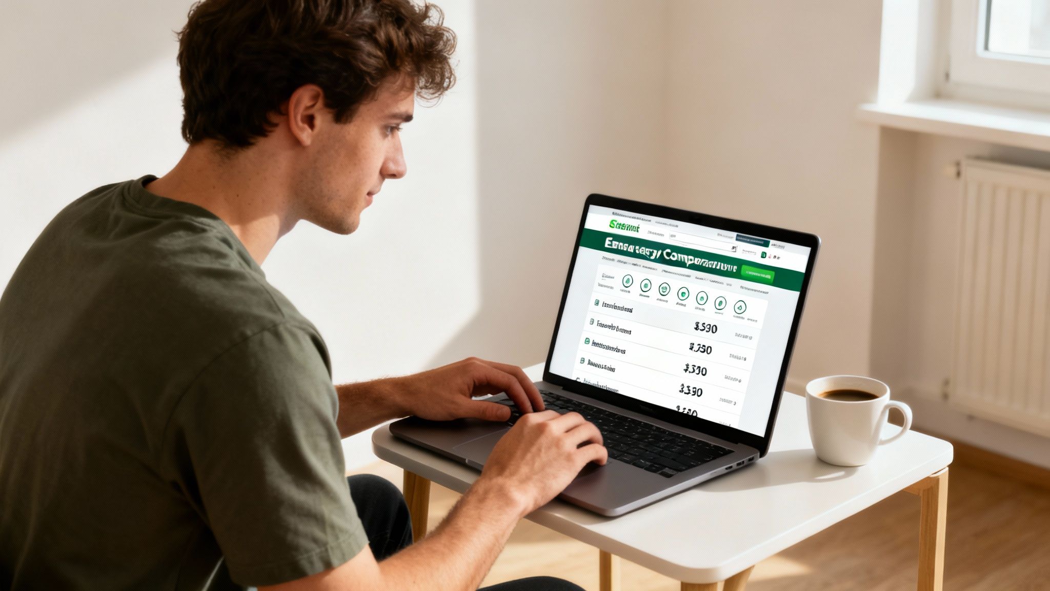 A young man uses a laptop to compare energy suppliers on a white desk.