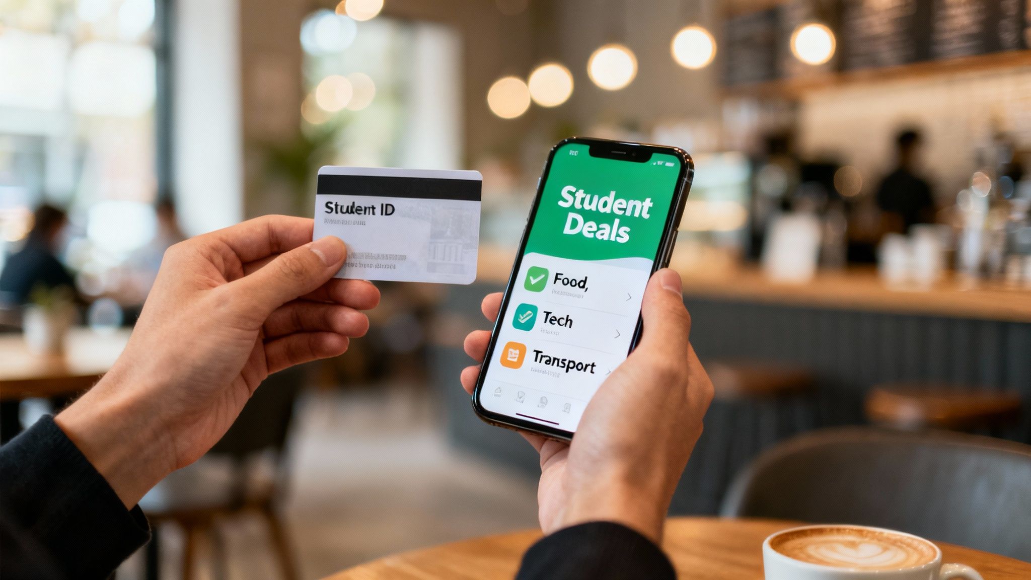 Hands holding a student ID card and a smartphone displaying a 'Student Deals' app in a cafe.