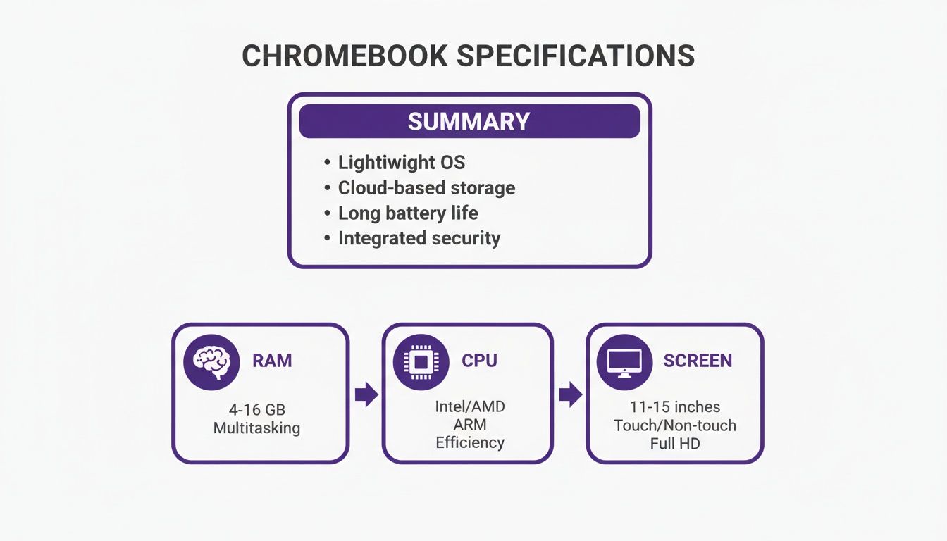 Infographic detailing Chromebook specifications including lightweight OS, cloud storage, battery, security, RAM, CPU, and screen.