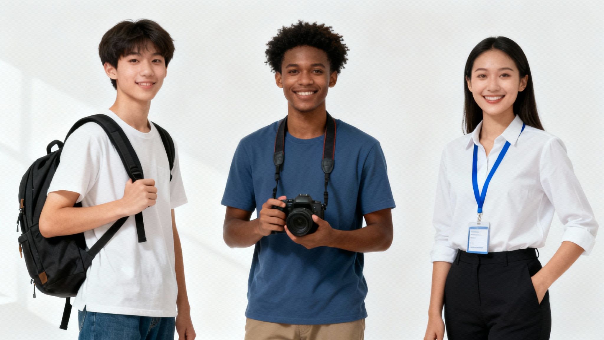 Three diverse young students smiling at camera representing student ambassador program members