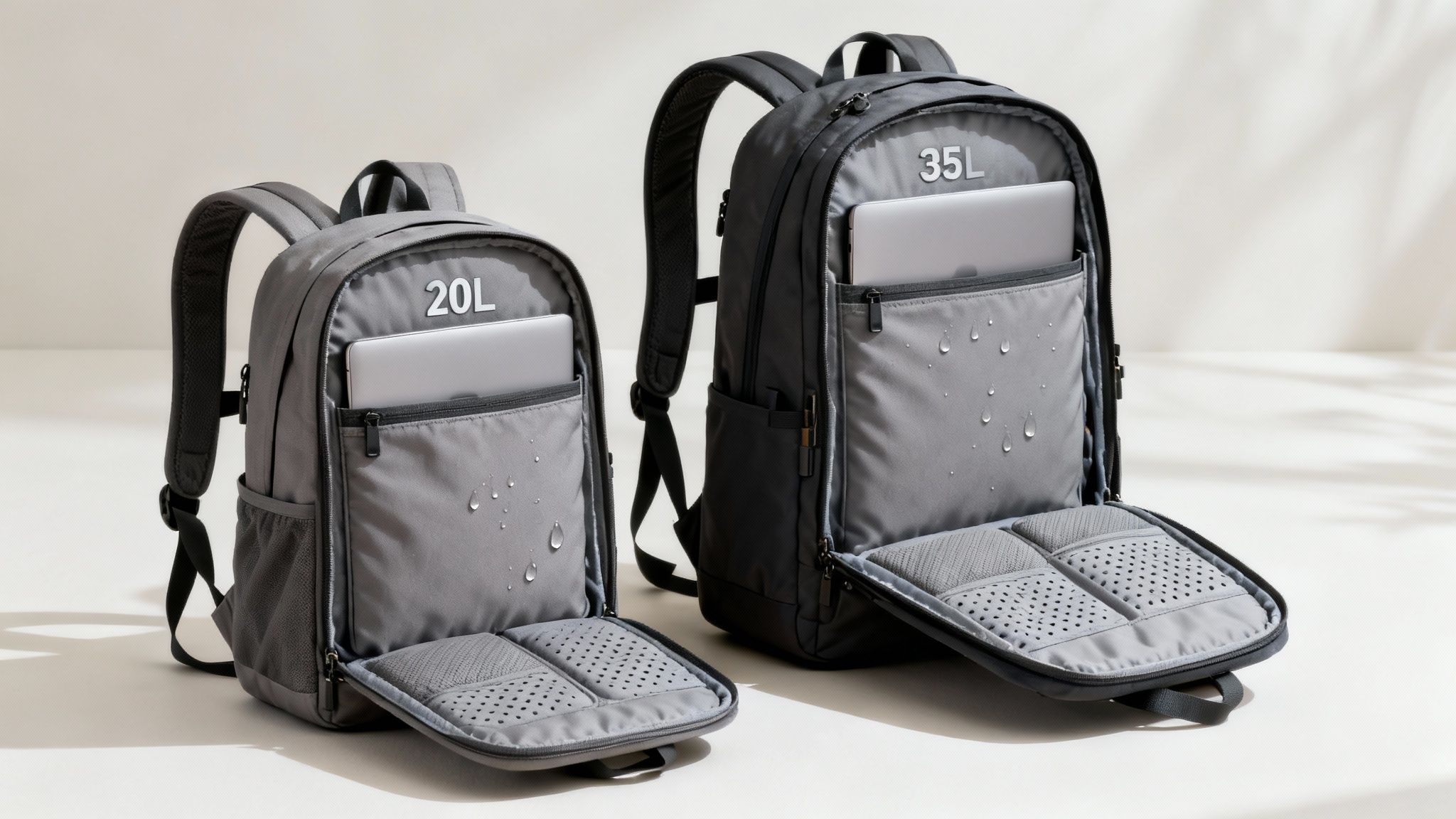 Grey 20L and 35L backpacks open, displaying laptops, padded compartments, and water-resistant material.