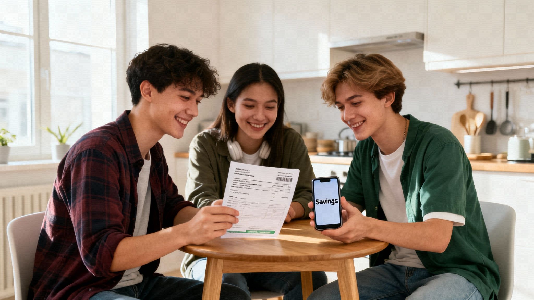 Three smiling young adults discussing finances, looking at a paper bill and a phone with 'Savings' displayed.