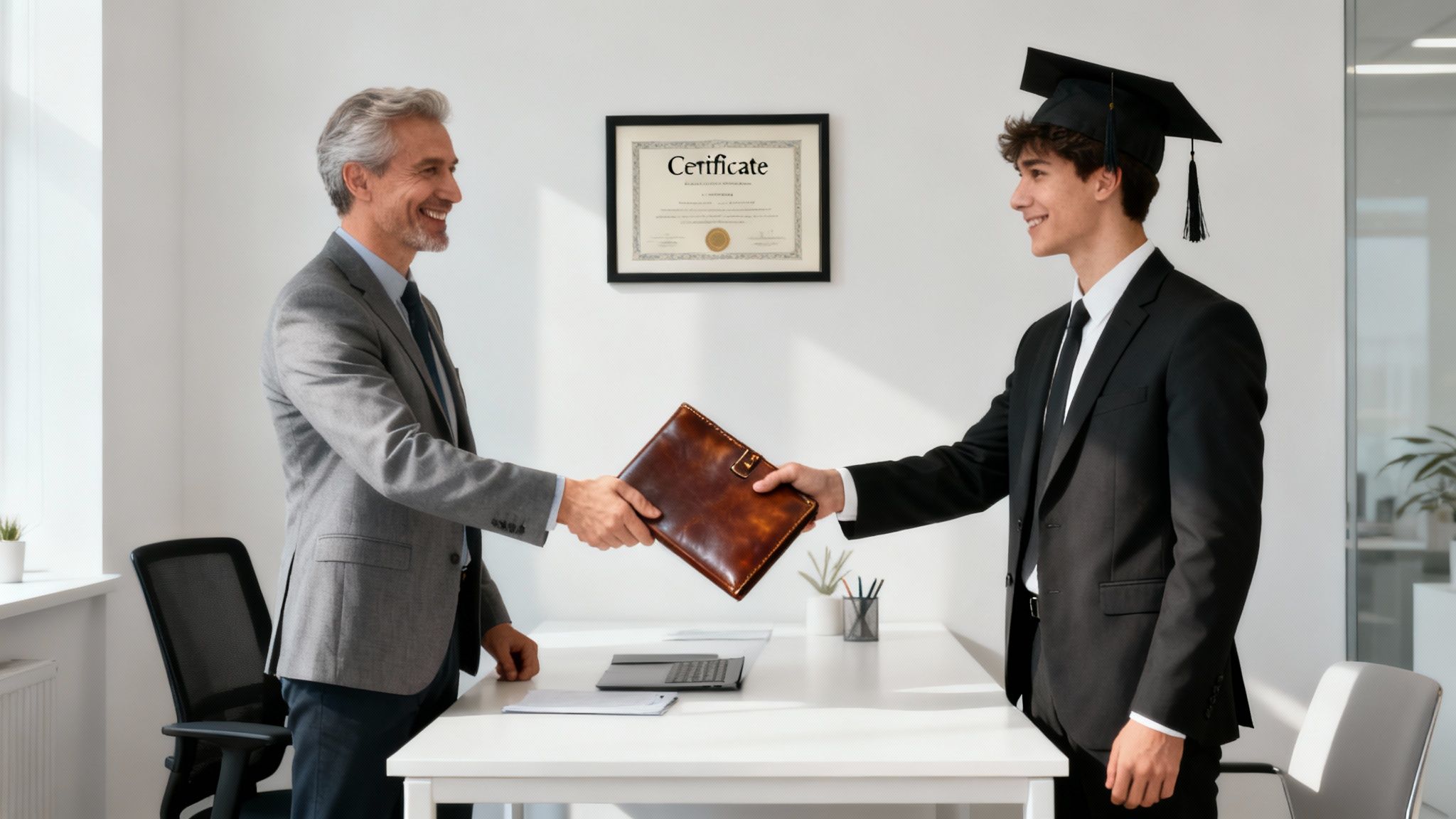 A smiling man in a suit shakes hands with a graduate receiving a certificate in a folder.
