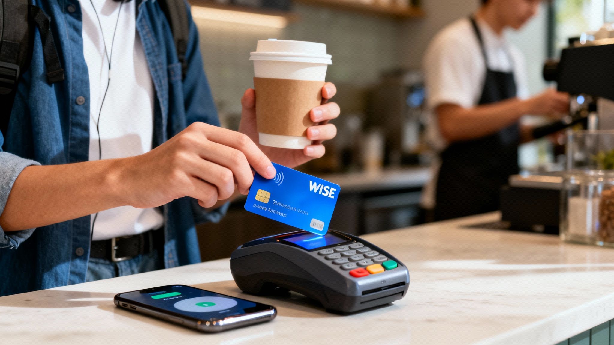 Person using a blue Wise card for a contactless payment at a coffee shop.