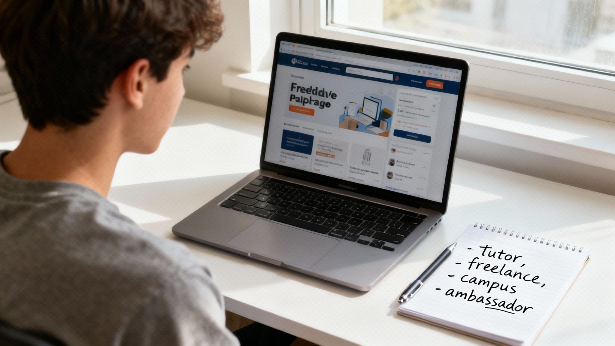 A student looks at a laptop screen showing a job platform, with a notebook listing 'tutor, freelance, campus ambassador' jobs.