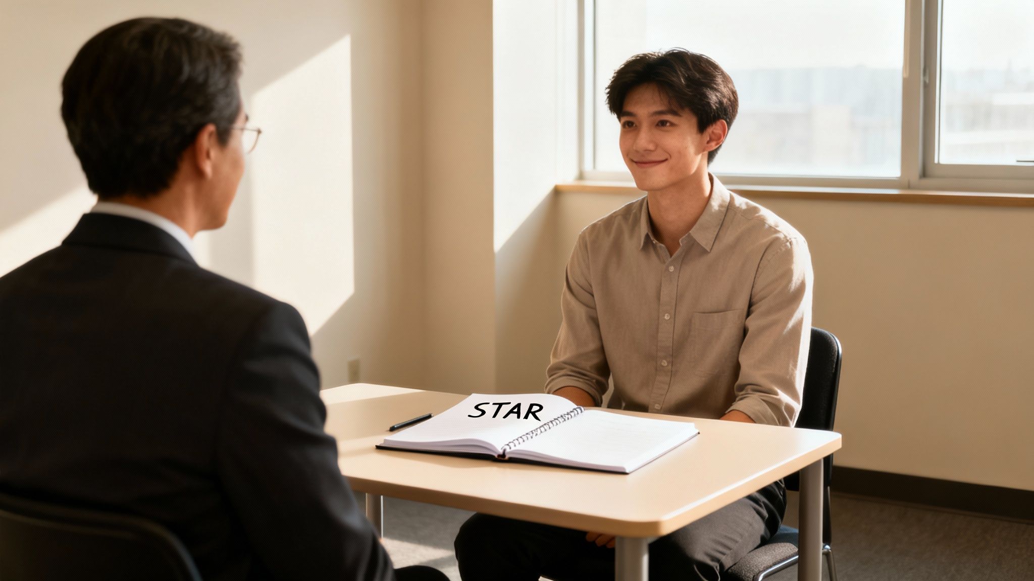 Two men in an interview room, one smiling. An open notebook on the table says 'STAR'.