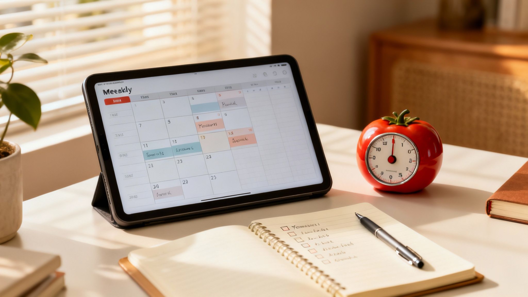 Build an Exam Study Planner That Actually Boosts Your Grades 2 A tablet with a calendar app, a notebook with a checklist, and a tomato timer on a desk.