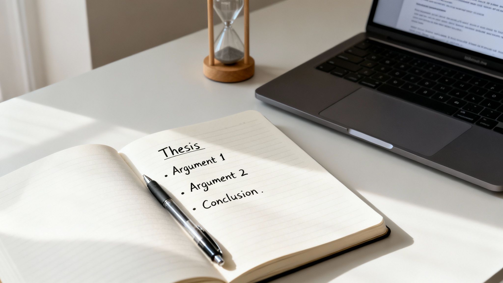 How Can I Write Essays Faster Without Sacrificing Grades 2 An open notebook on a white desk with a pen, hourglass, and laptop, outlining a thesis with arguments and conclusion.