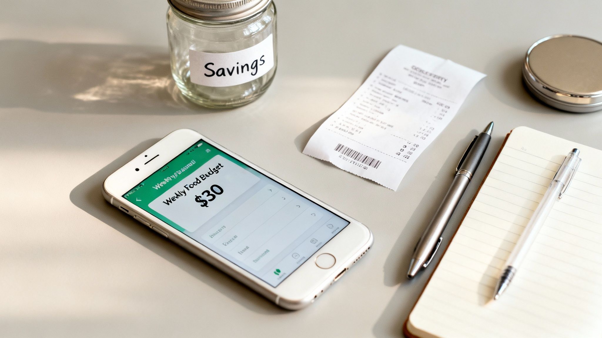 A flat lay shows a smartphone displaying a '$30 Weekly Food Budget' app, a 'Savings' jar, receipt, and pens, representing money management.