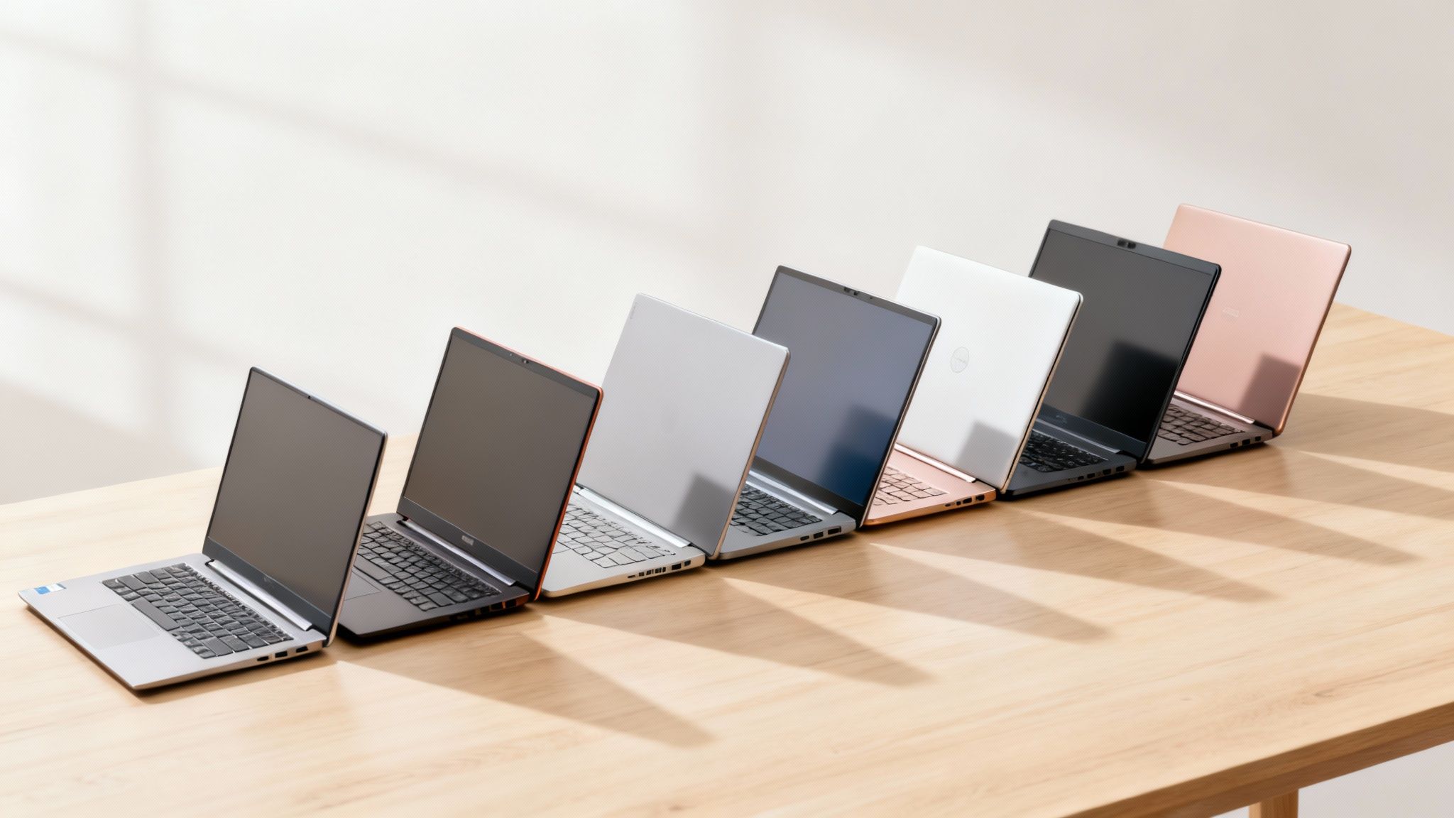 A diagonal row of seven open laptops in various colors on a wooden table, showcasing modern design.