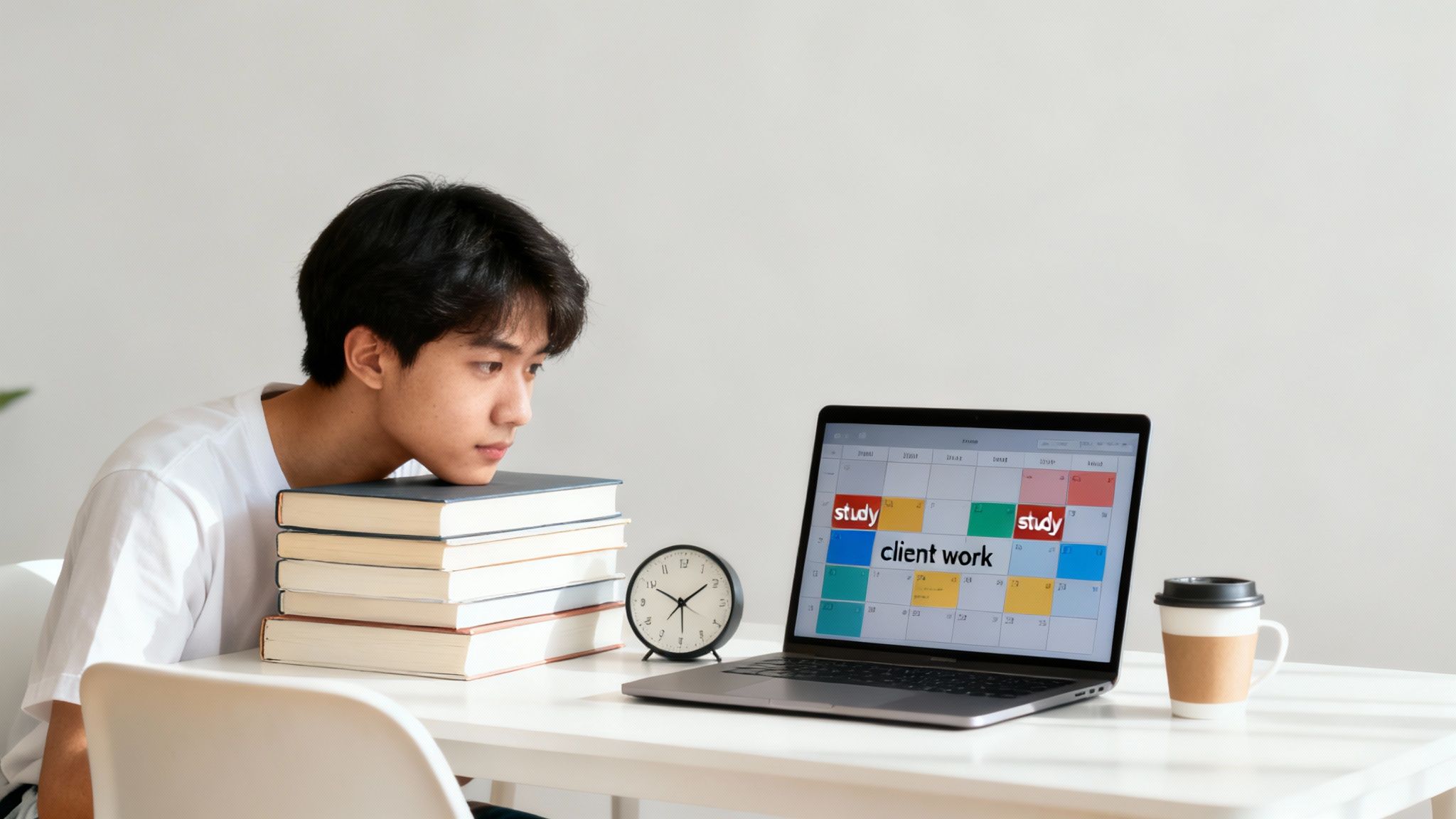 A student works at a desk that is neatly divided, with university textbooks on one side and a laptop open to a client project on the other, symbolizing balance.