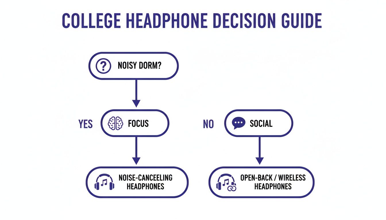 Flowchart for college students choosing headphones: noisy dorm leads to noise-canceling, quiet dorm to open-back/wireless.