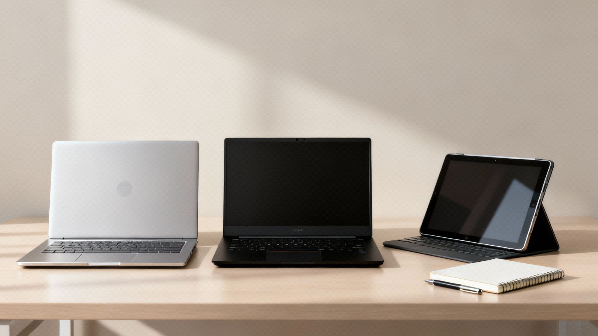 Three diverse computing devices: a silver laptop, black laptop, and tablet, on a light wooden desk.