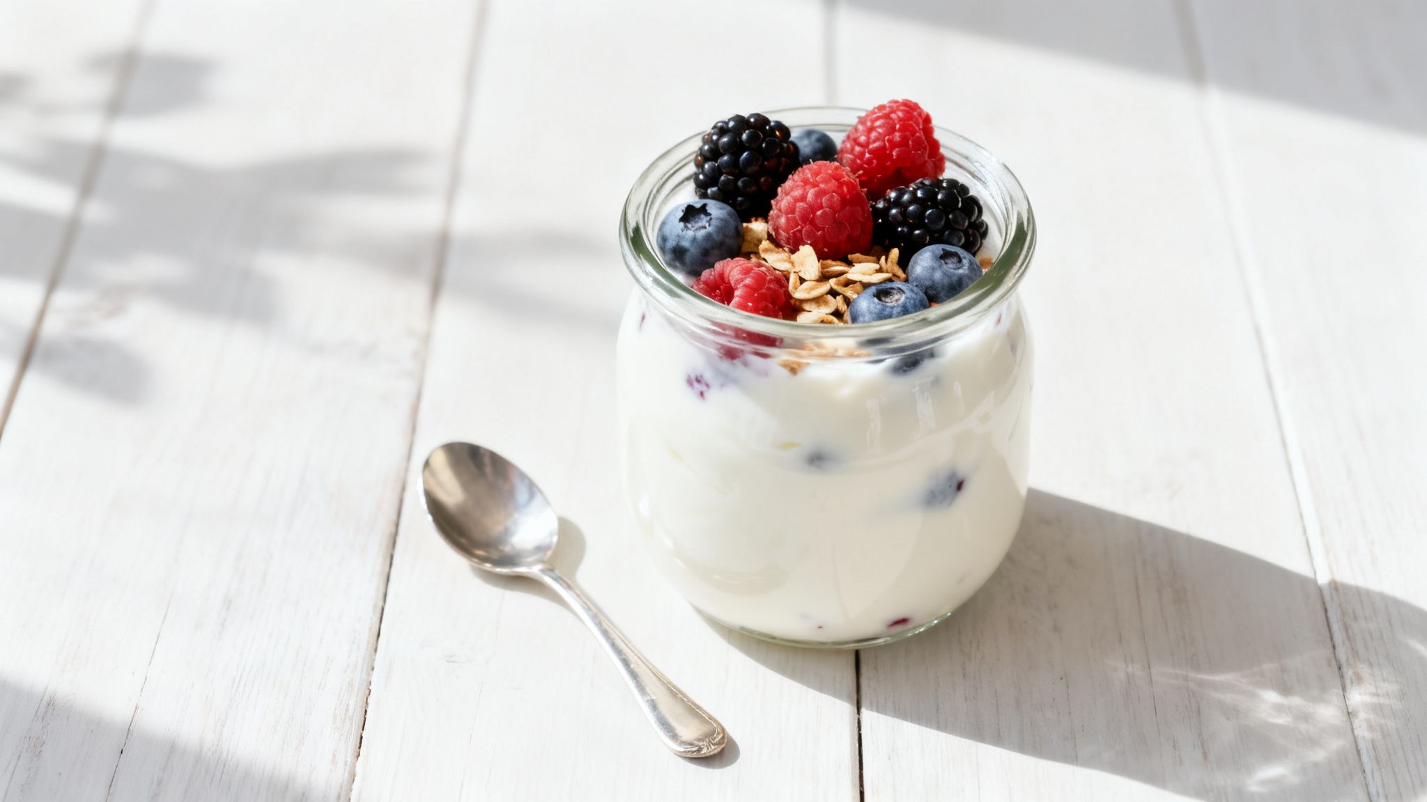 A glass jar of yogurt with fresh berries and granola on a white wooden table with a spoon.