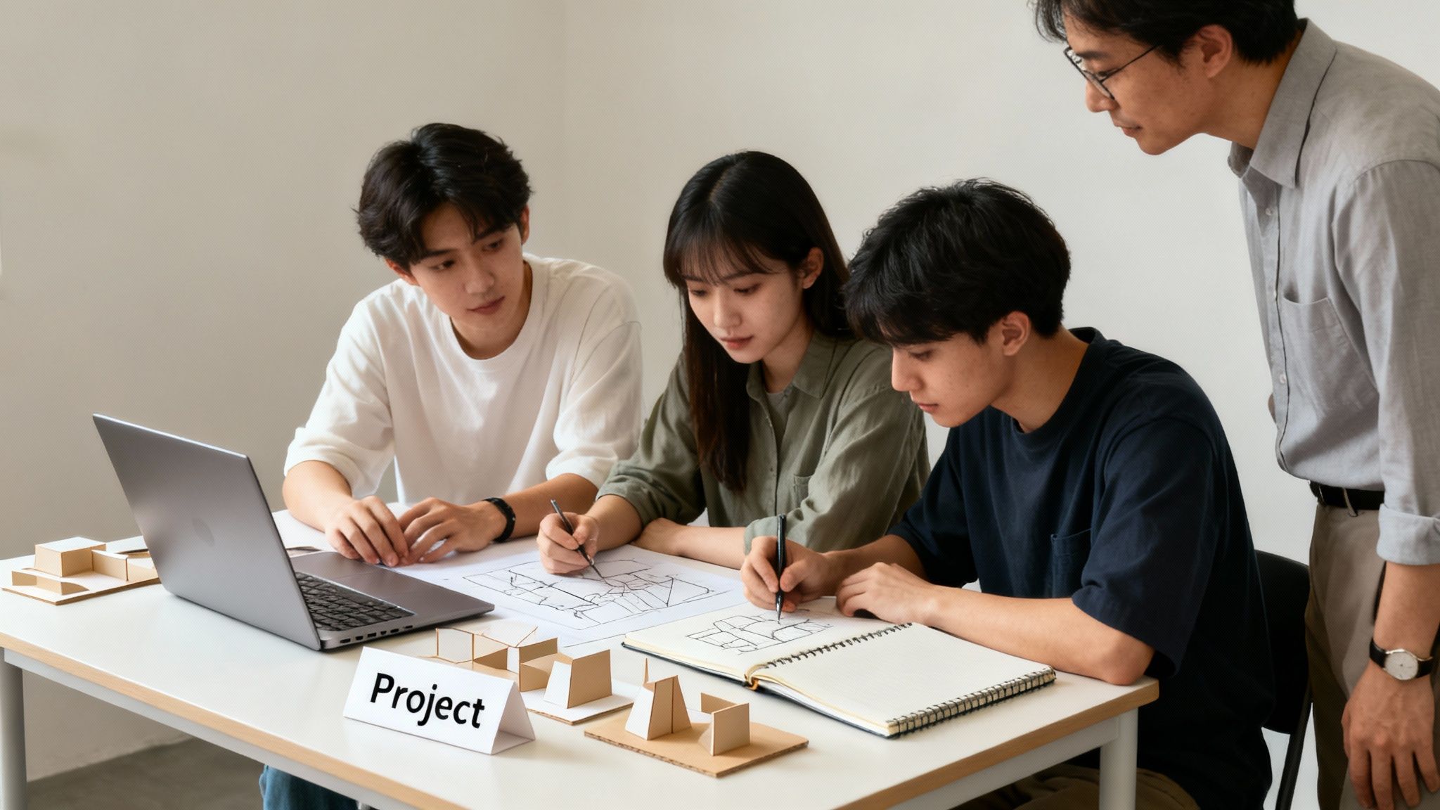 Four students and a professor collaborate on an architecture design project with drawings and models.