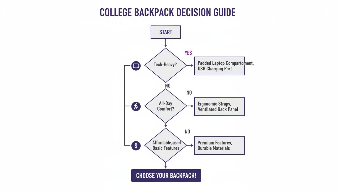 Flowchart guiding college students to choose a backpack based on tech, comfort, and budget needs.