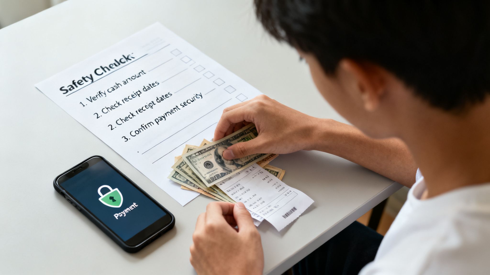 A person reviews cash, a receipt, and a payment safety checklist with a secure payment app.
