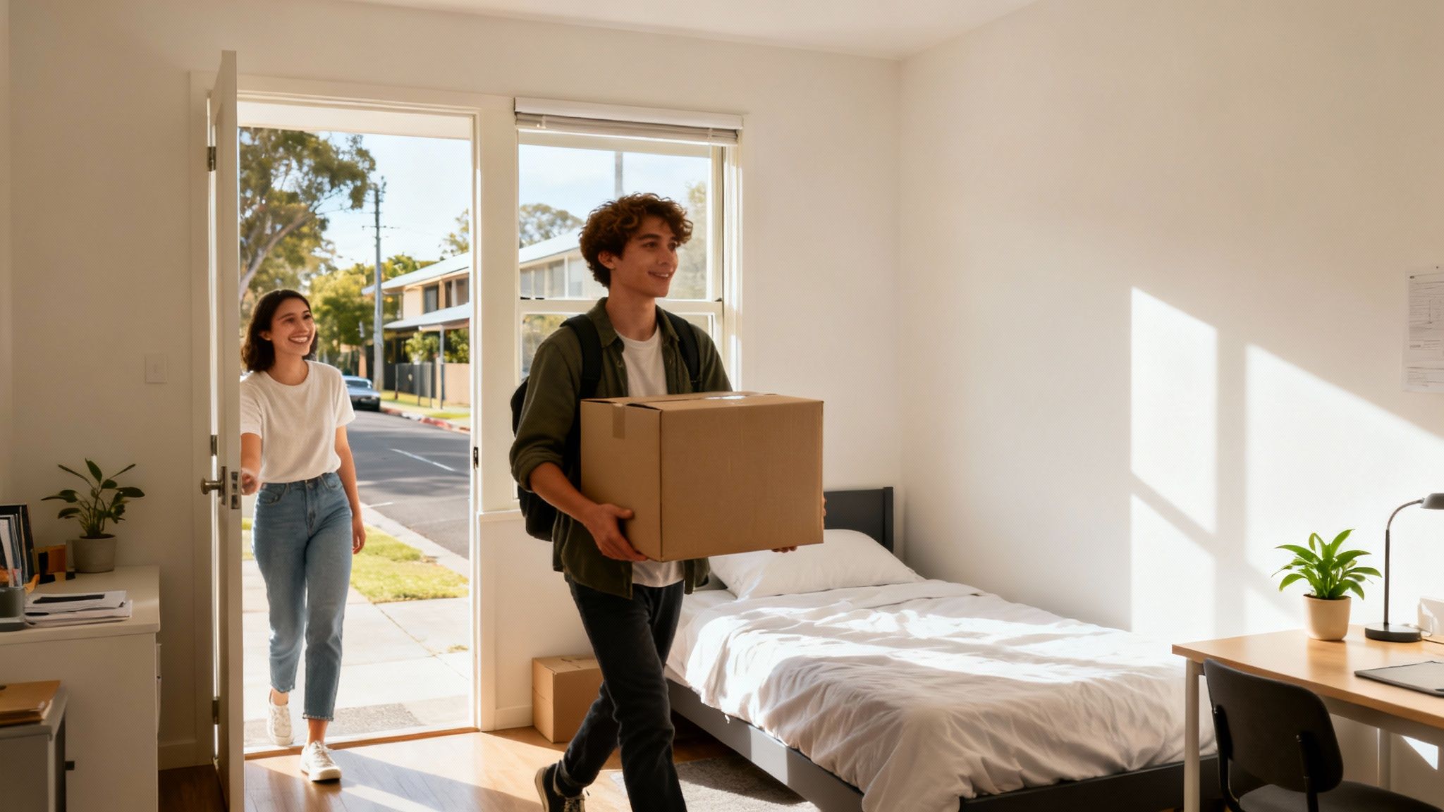 7 Best Student Accommodation In Brisbane Guide 3 Two smiling students happily move into a bright, modern room, carrying moving boxes.