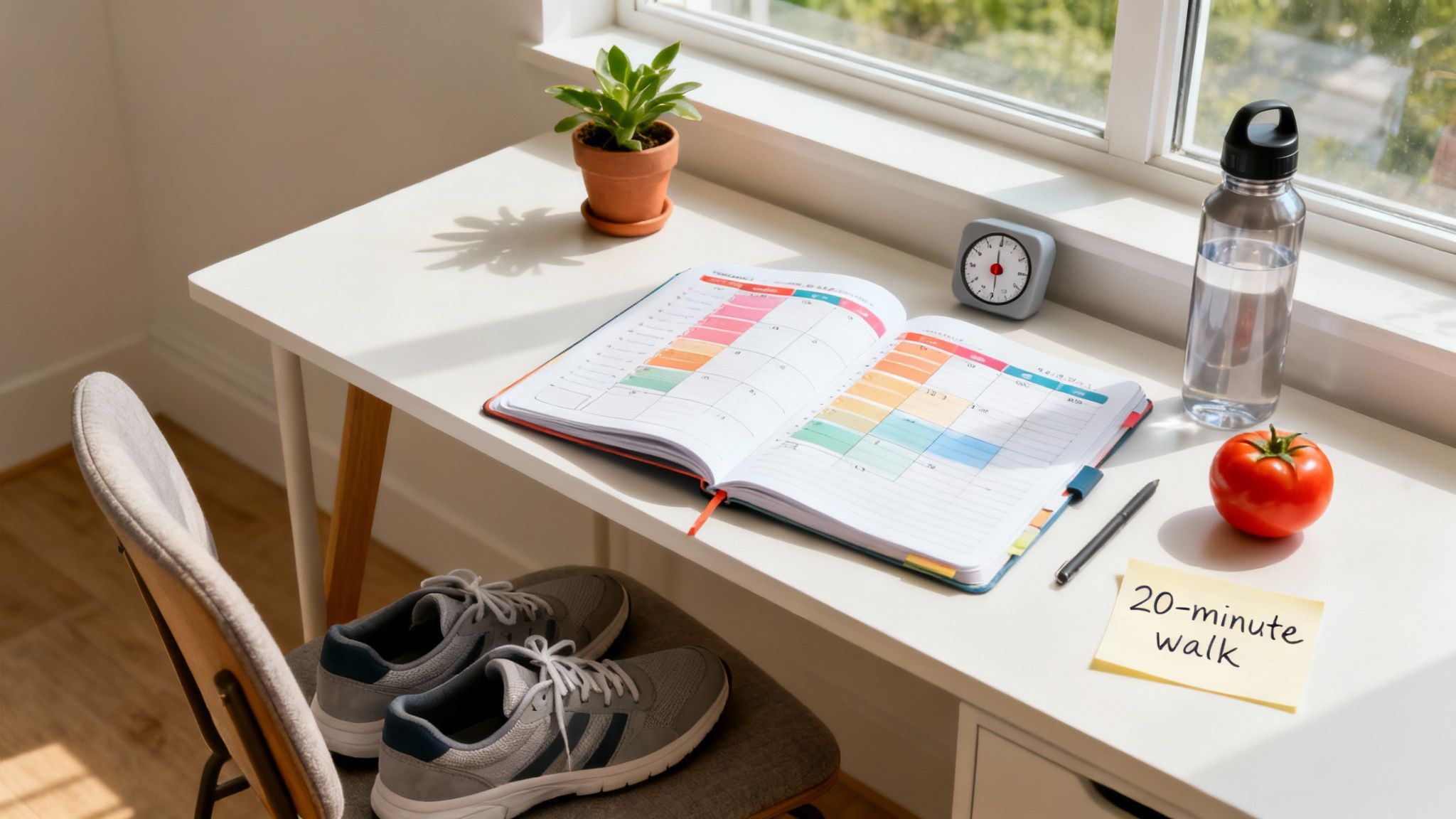 A bright desk by a window with a planner, water bottle, plant, timer, and a sticky note for a 20-minute walk.