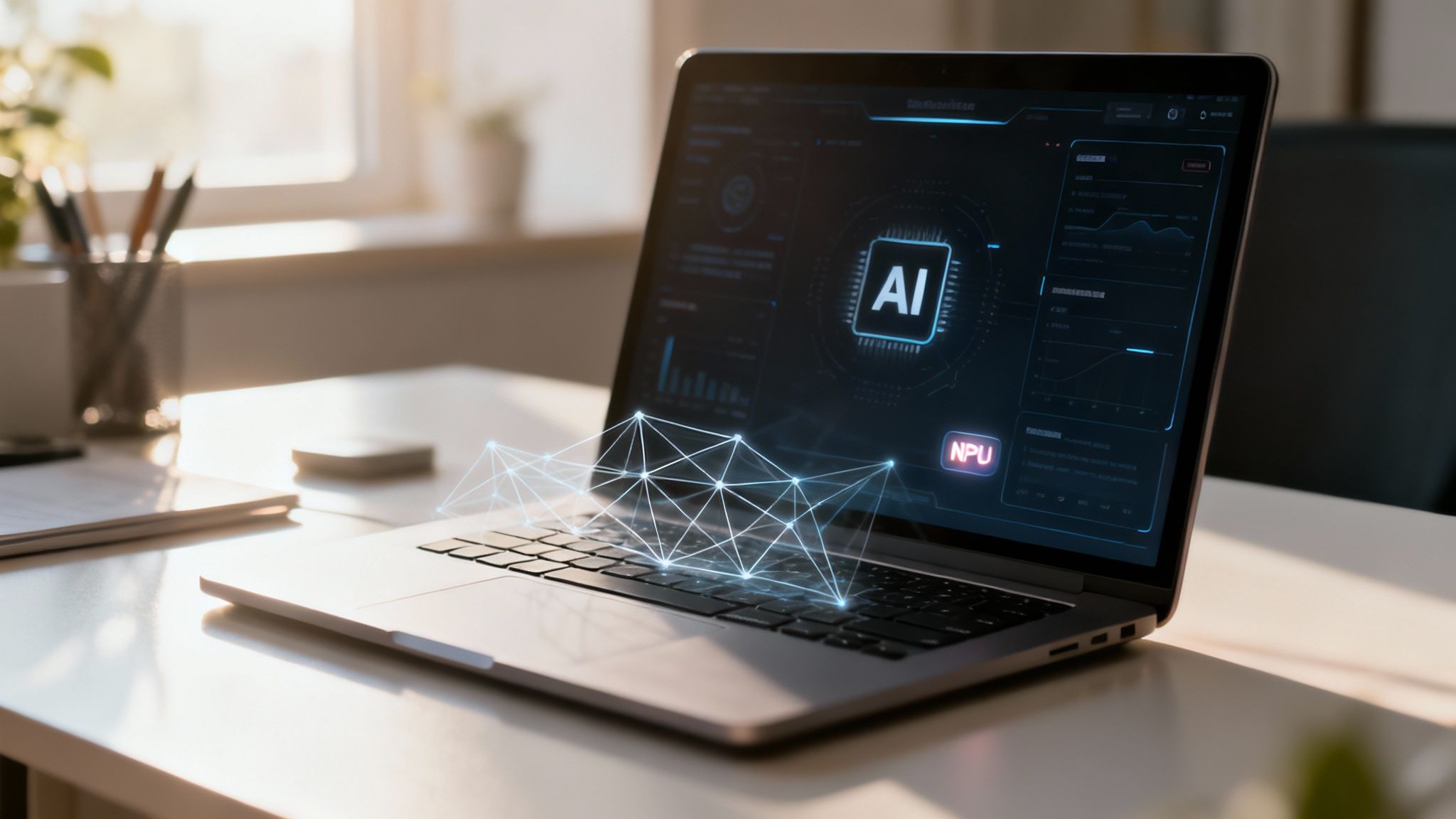 Close-up of a laptop displaying AI and NPU technology, with a holographic network over the keyboard in a bright office.