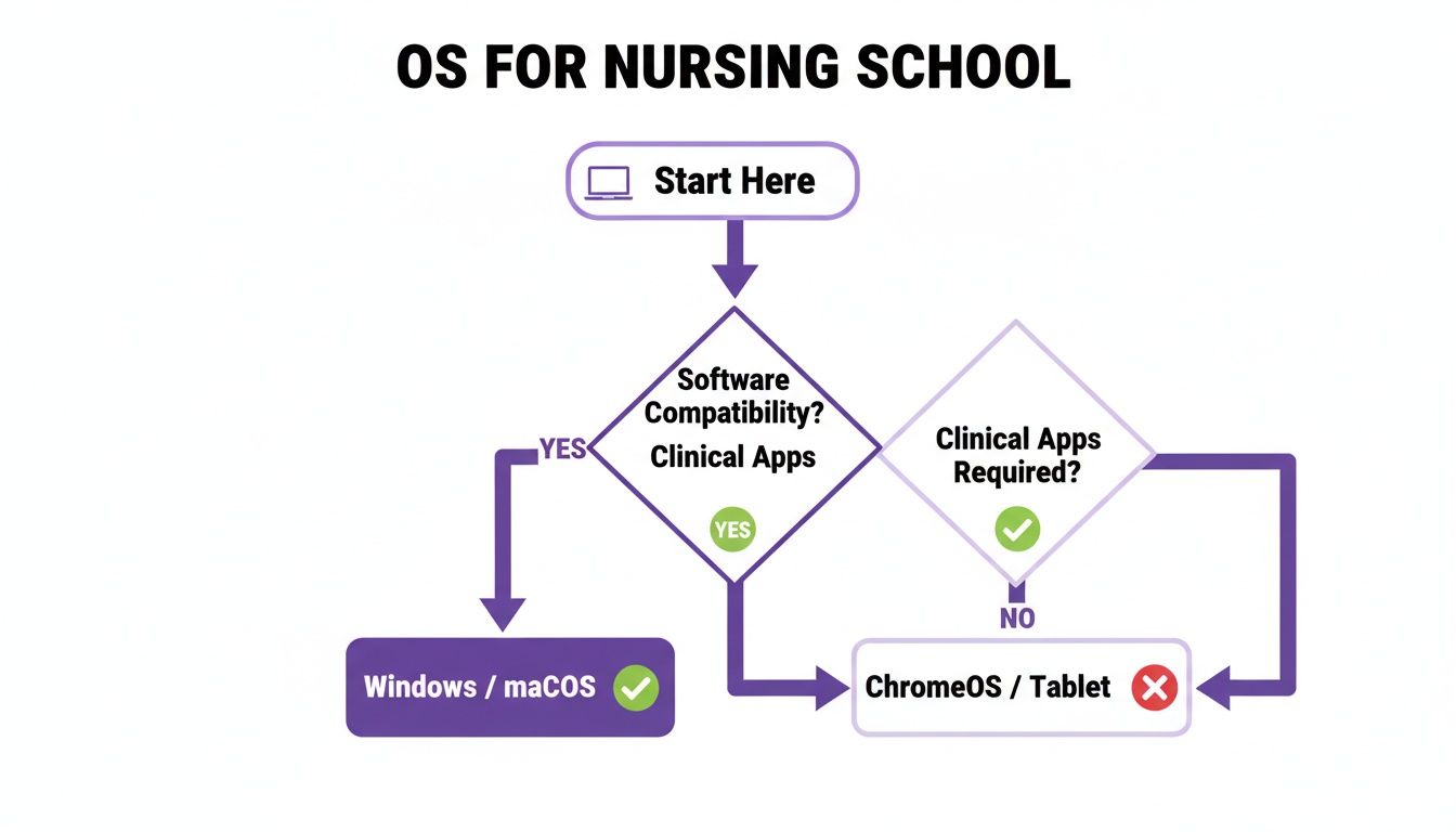 A flowchart guides nursing students through operating system choices based on software and clinical app requirements.
