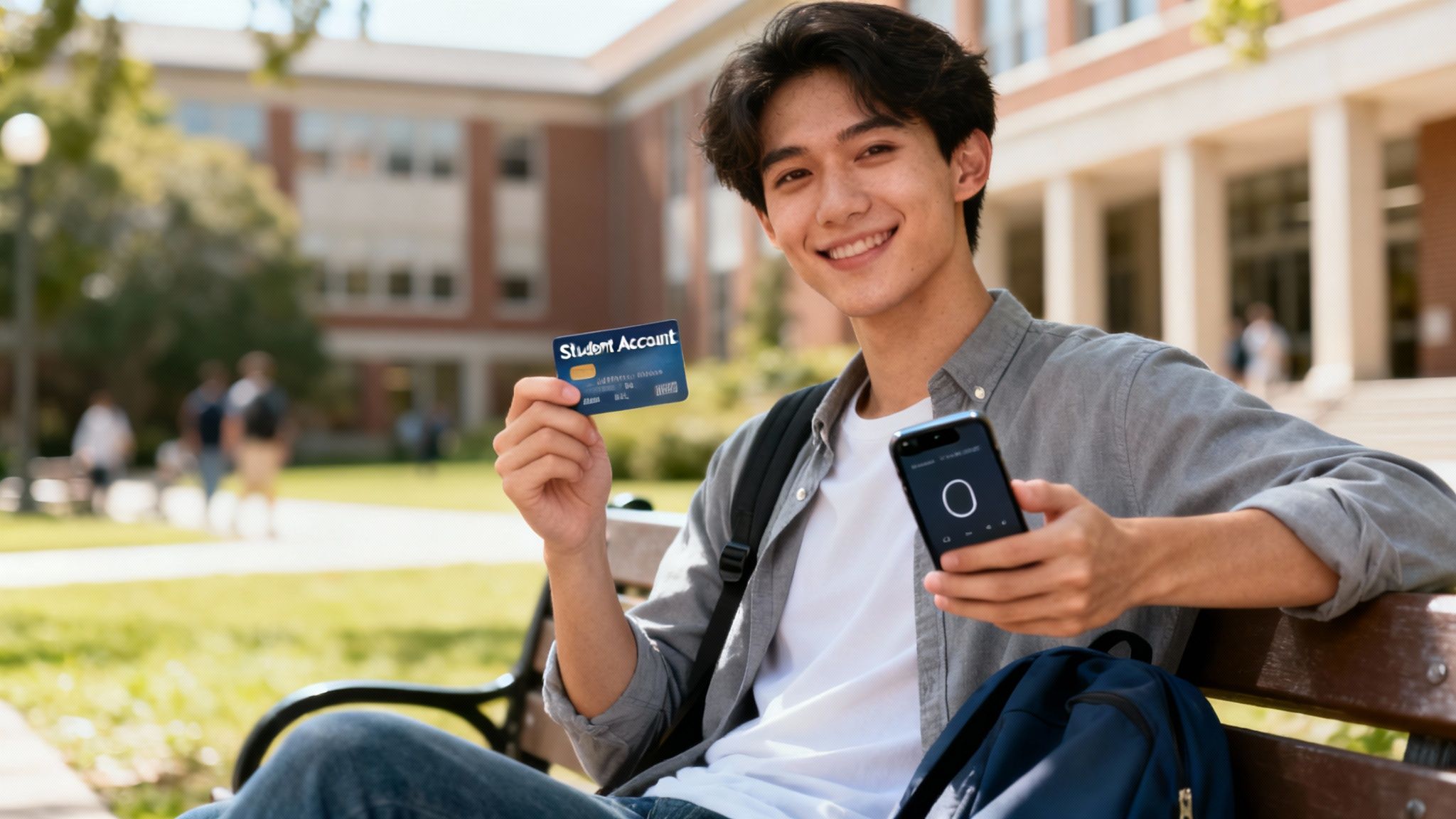 A smiling student using a laptop and holding a Commonwealth Bank card